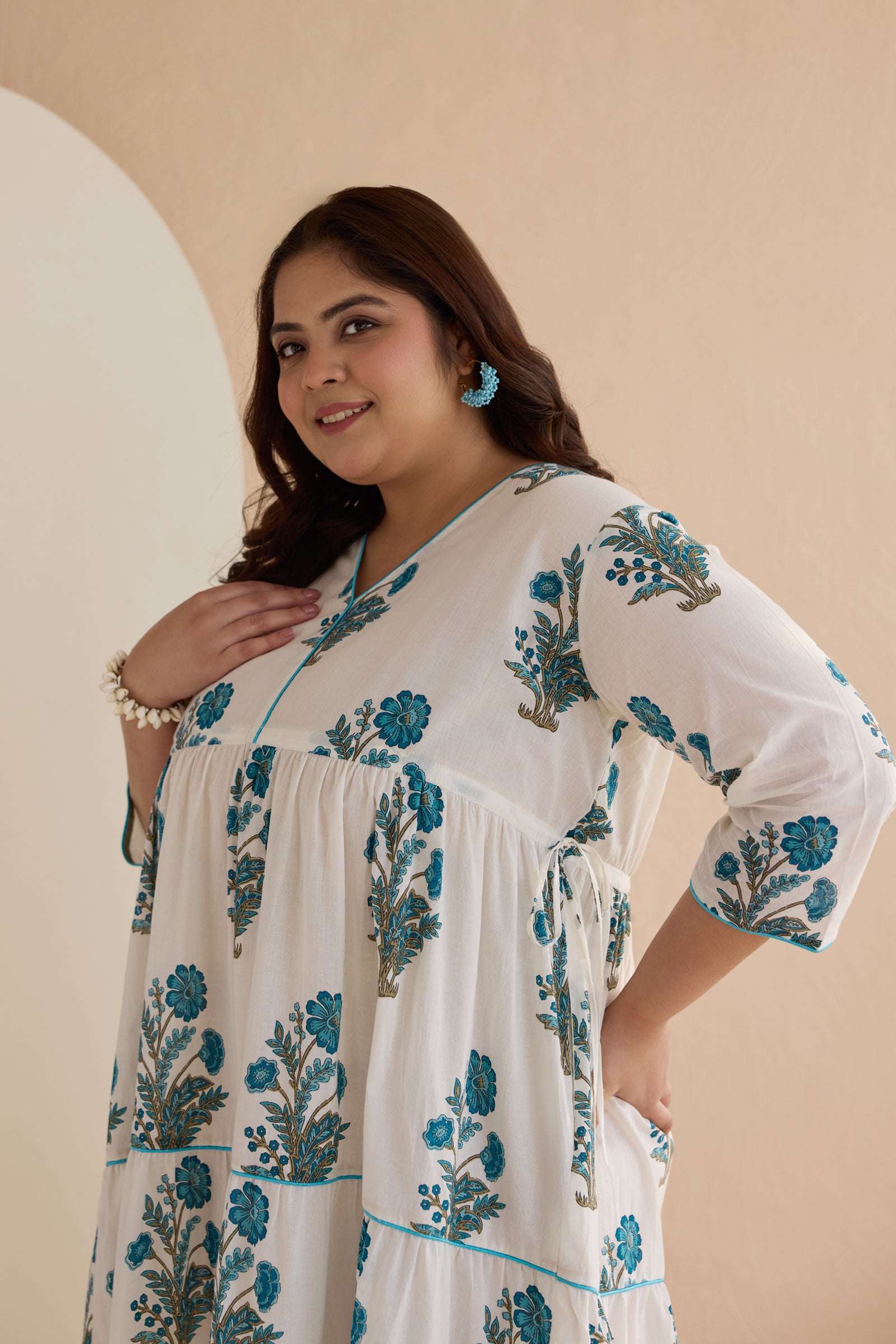 Blue Jaipur Print Cotton Tiered Dress with Drawstring