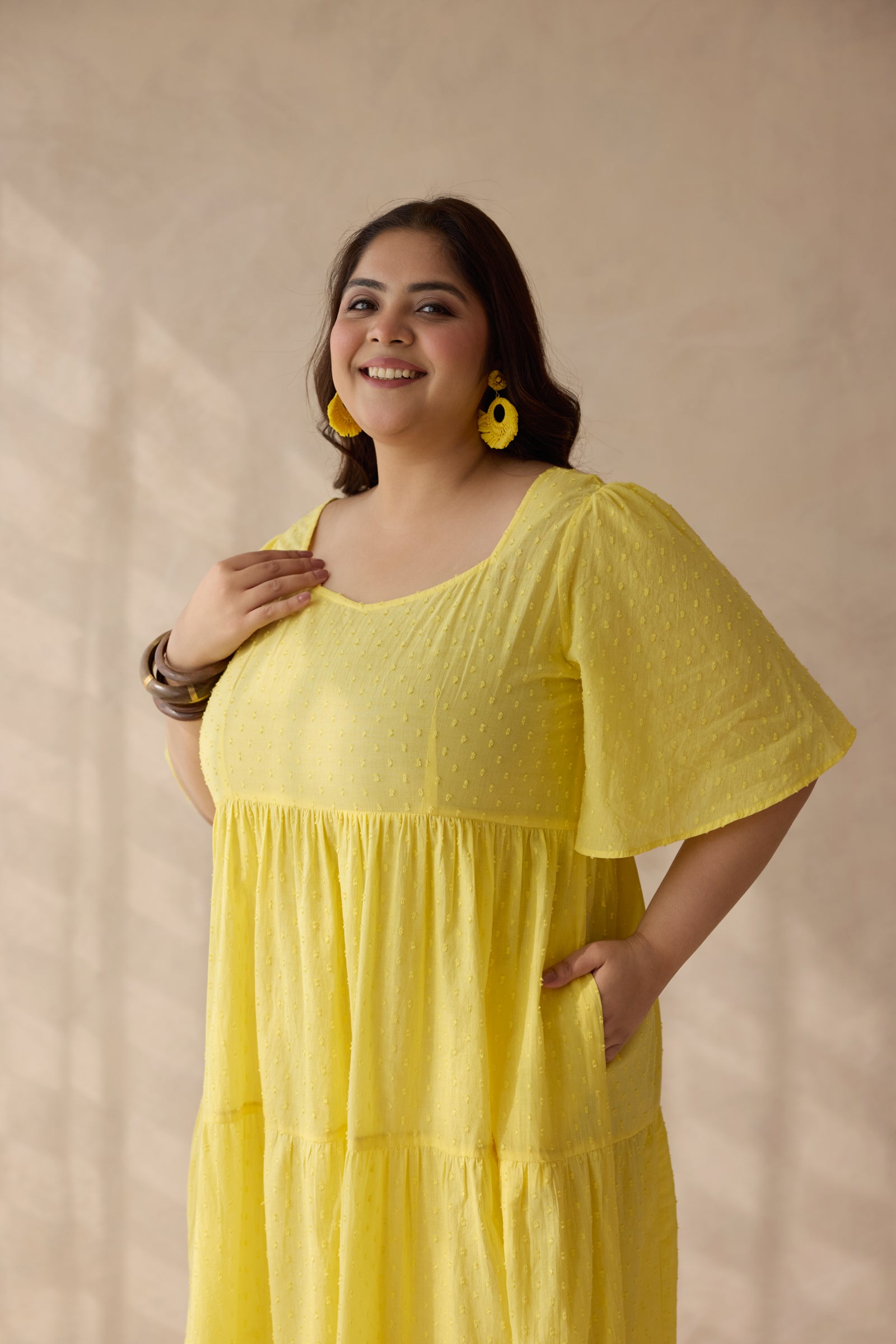 Sunflower Yellow Dobby Cotton Midi Dress