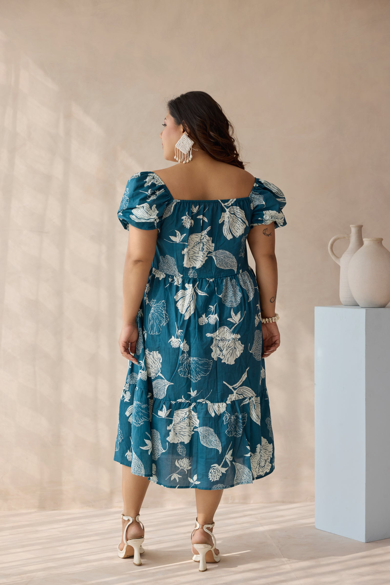 Teal Blue Floral Print Cotton Midi Dress with Drawstring