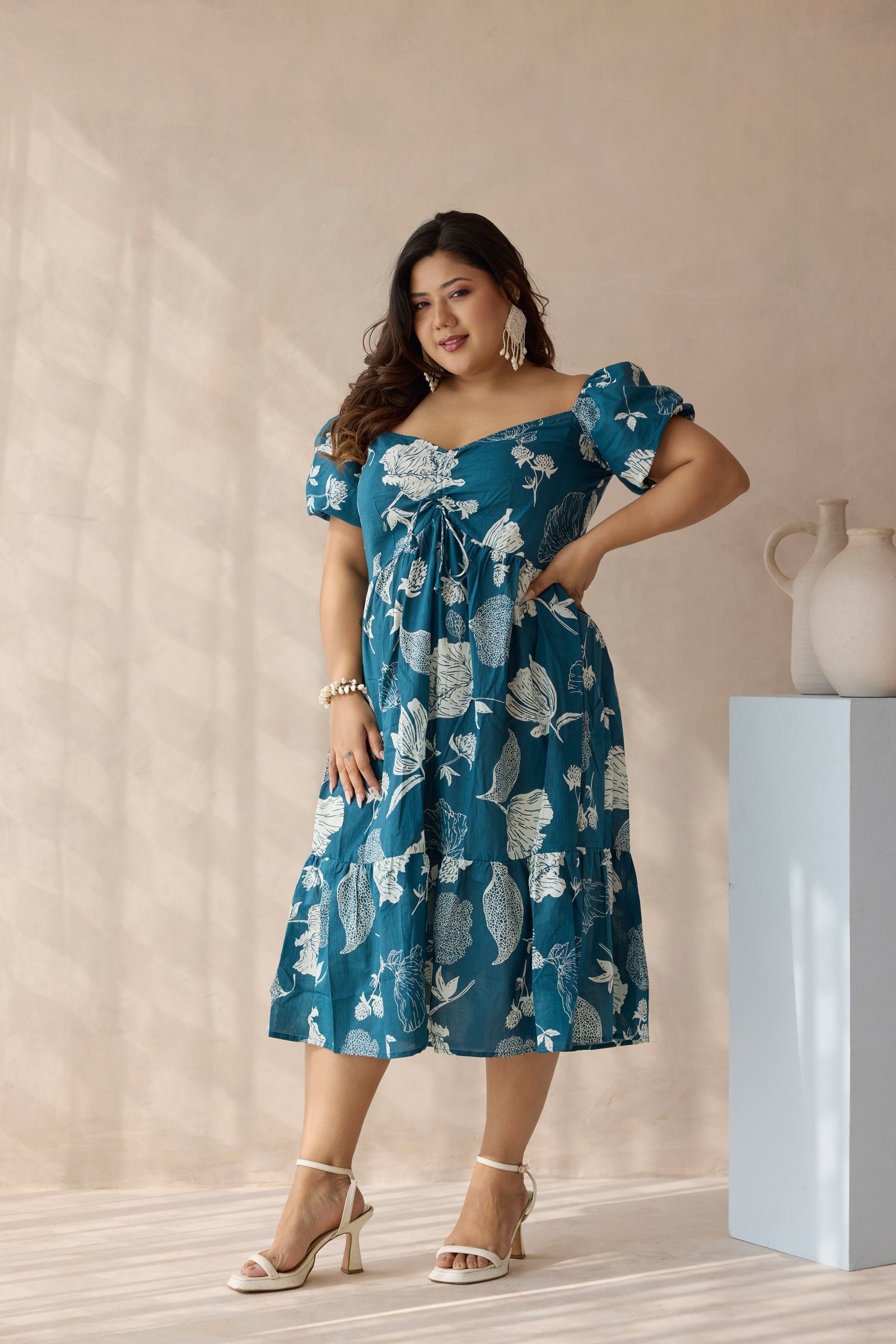 Teal Blue Floral Print Cotton Midi Dress with Drawstring
