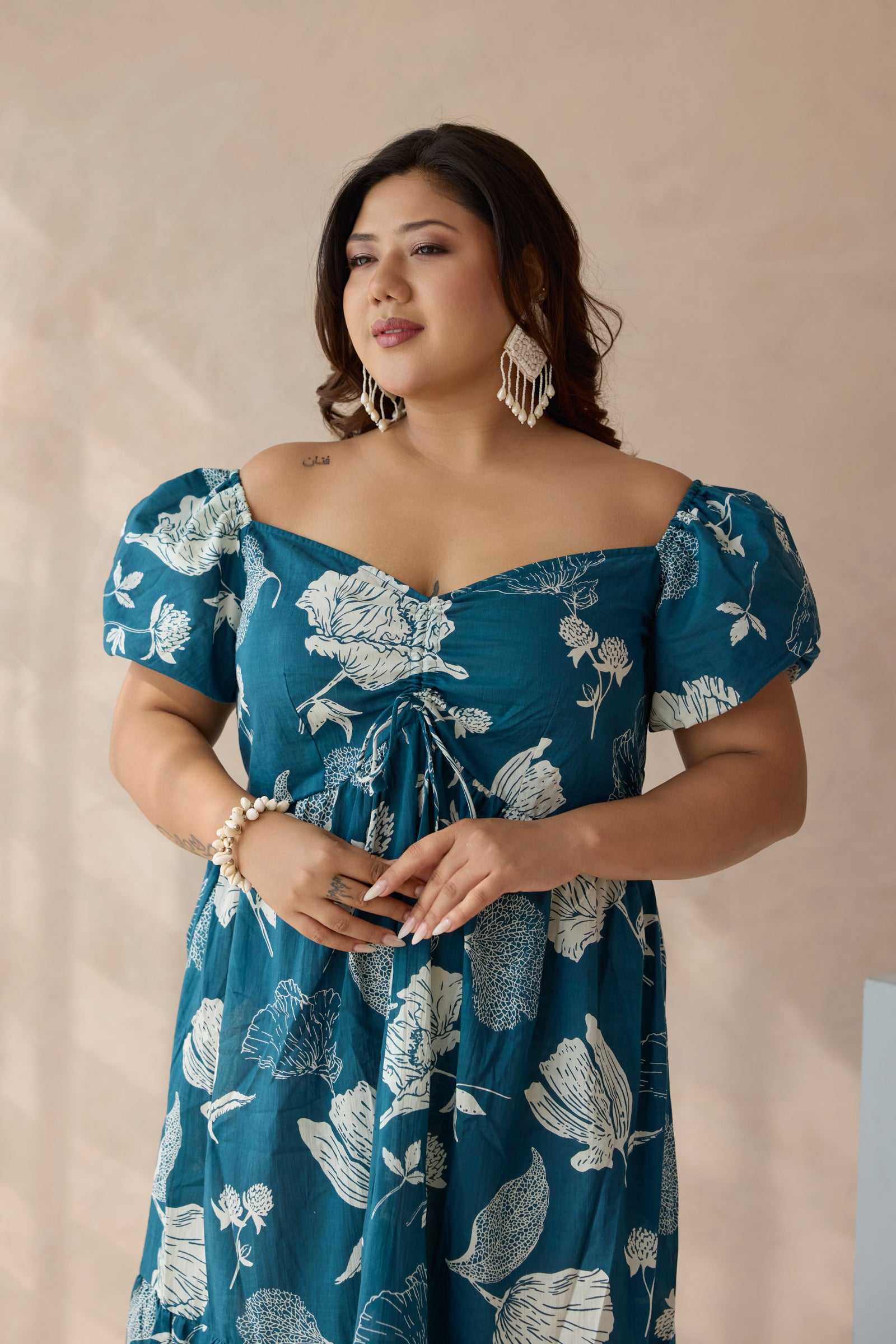 Teal Blue Floral Print Cotton Midi Dress with Drawstring