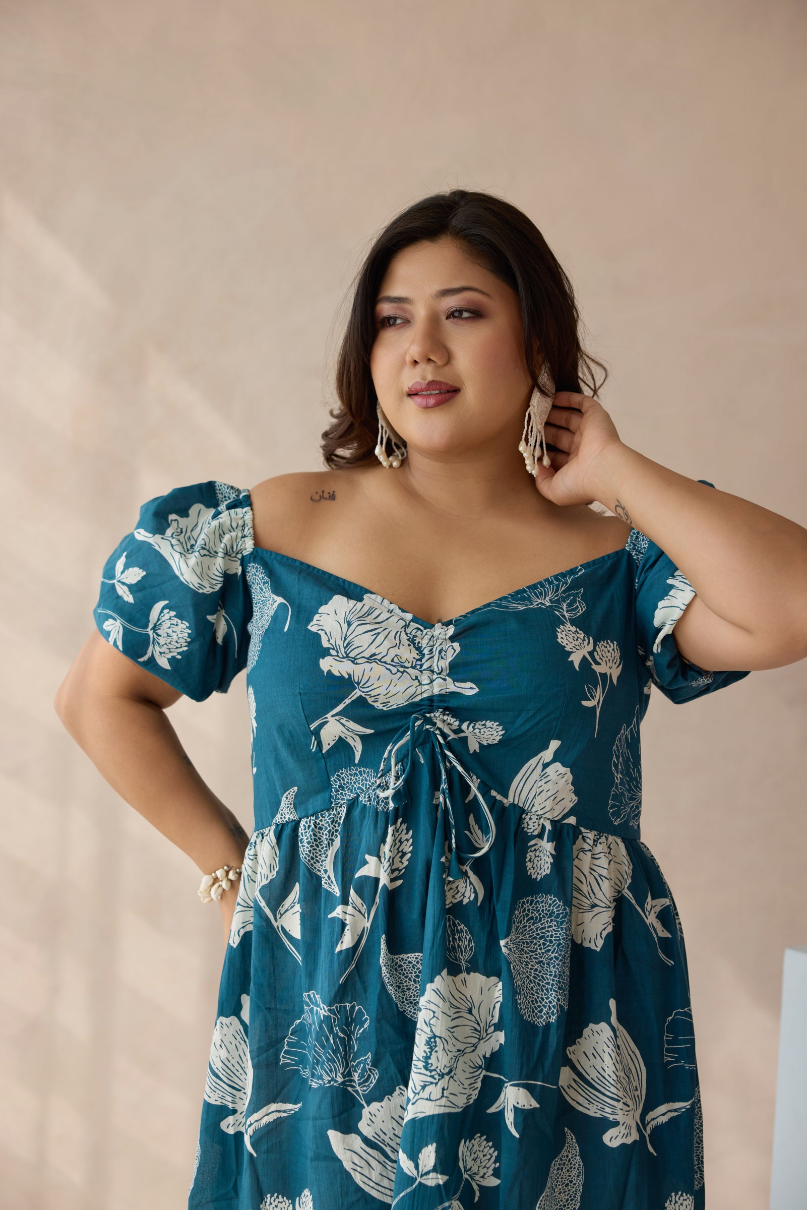 Teal Blue Floral Print Cotton Midi Dress with Drawstring