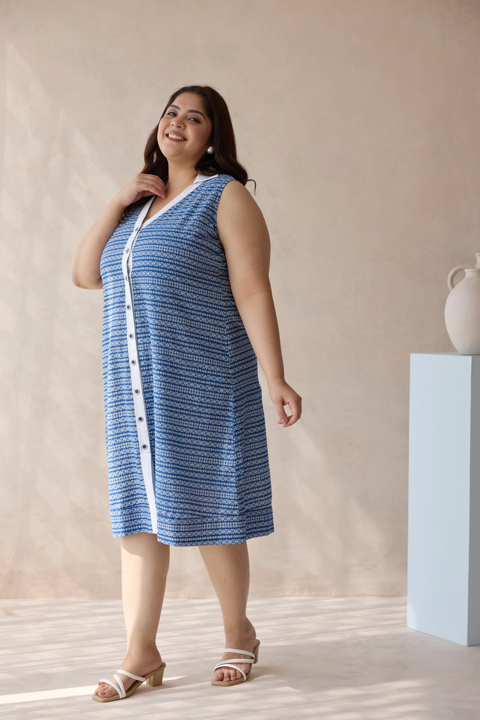 Indigo Blue Geometric Print Shift Dress