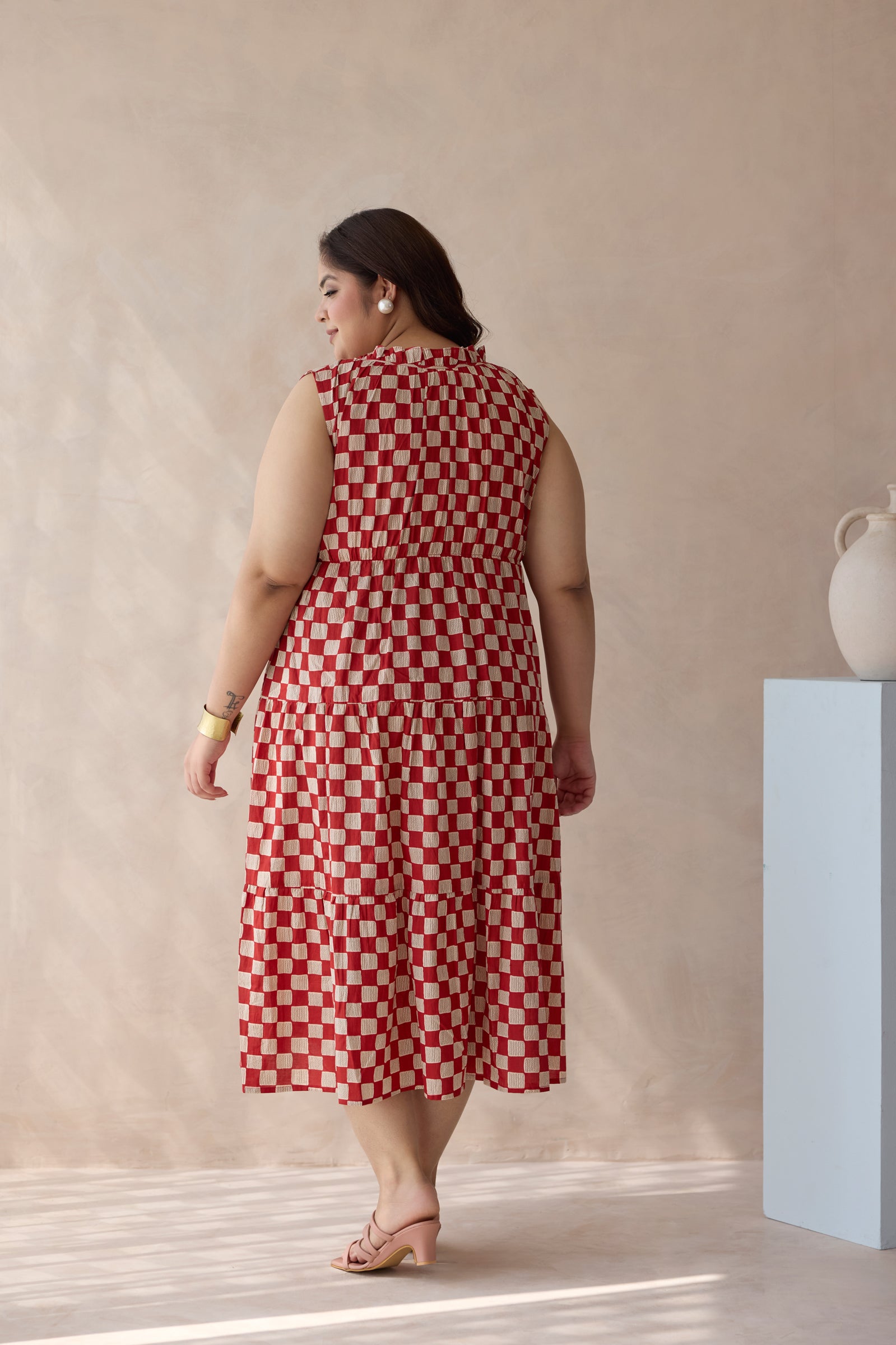 Chic Red Checkerboard Print Cotton Tiered Dress