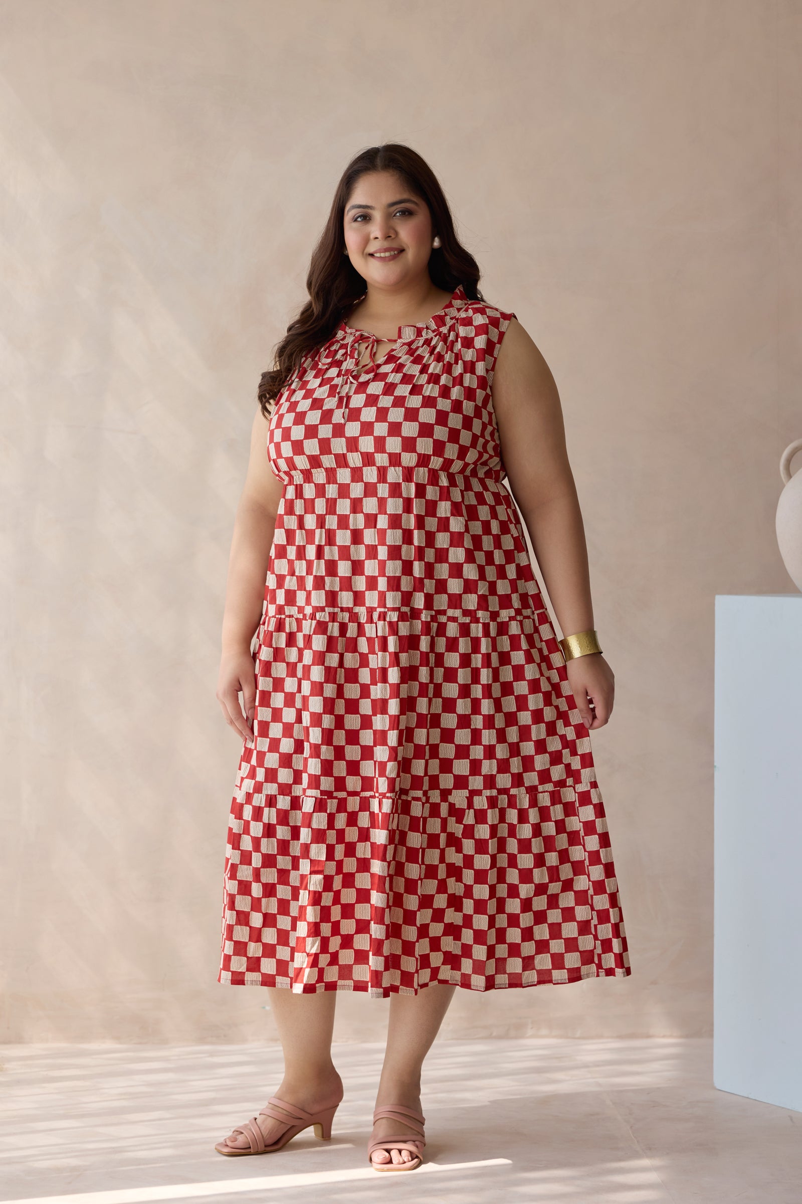 Chic Red Checkerboard Print Cotton Tiered Dress