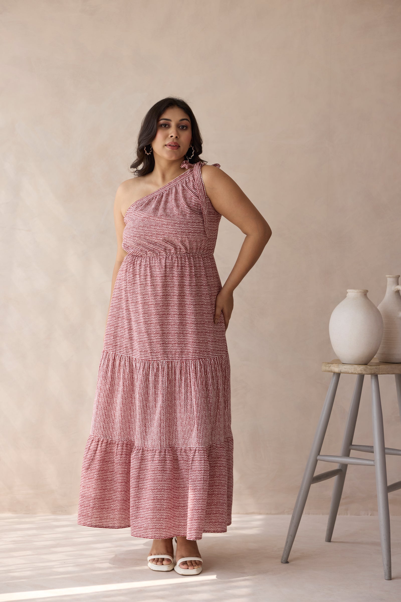 Muted Red One-Shoulder Tiered Cotton Maxi Dress