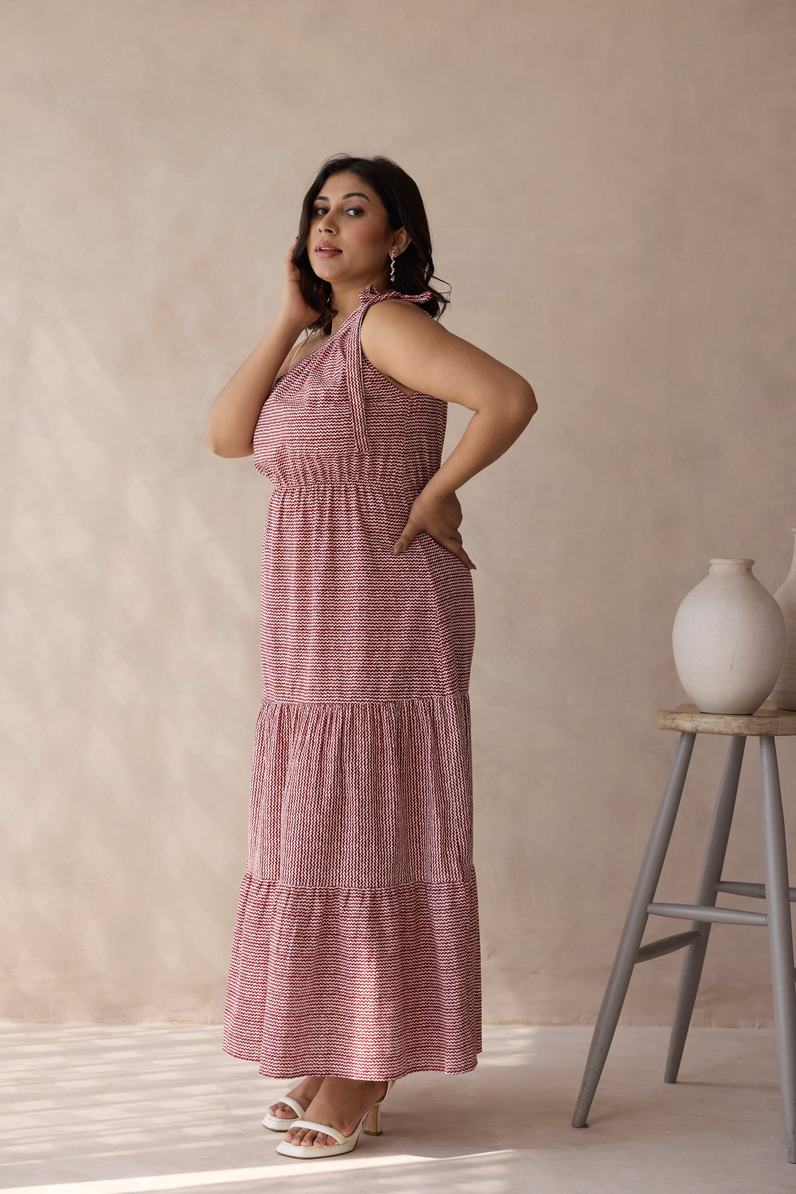 Muted Red One-Shoulder Tiered Cotton Maxi Dress
