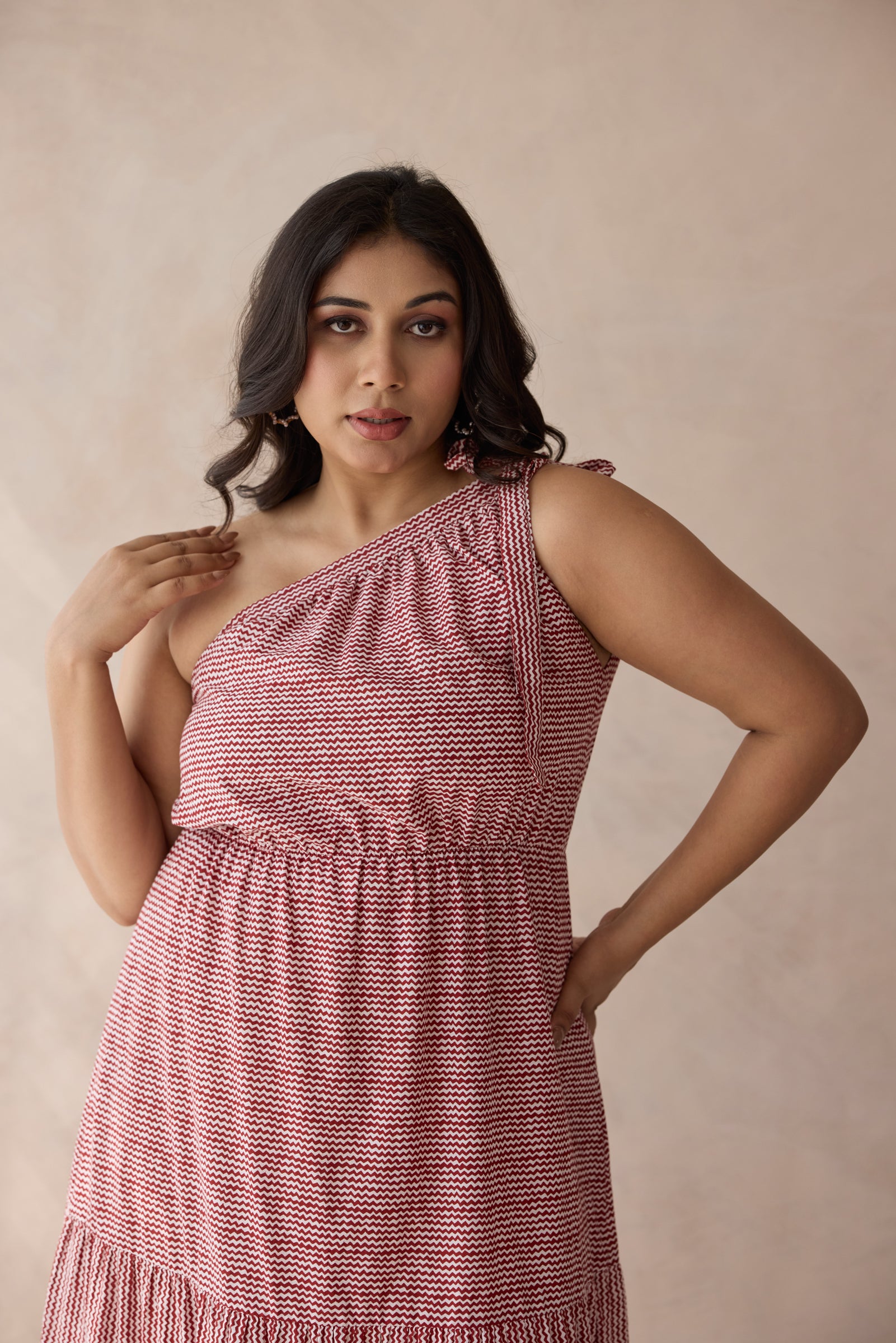 Muted Red One-Shoulder Tiered Cotton Maxi Dress