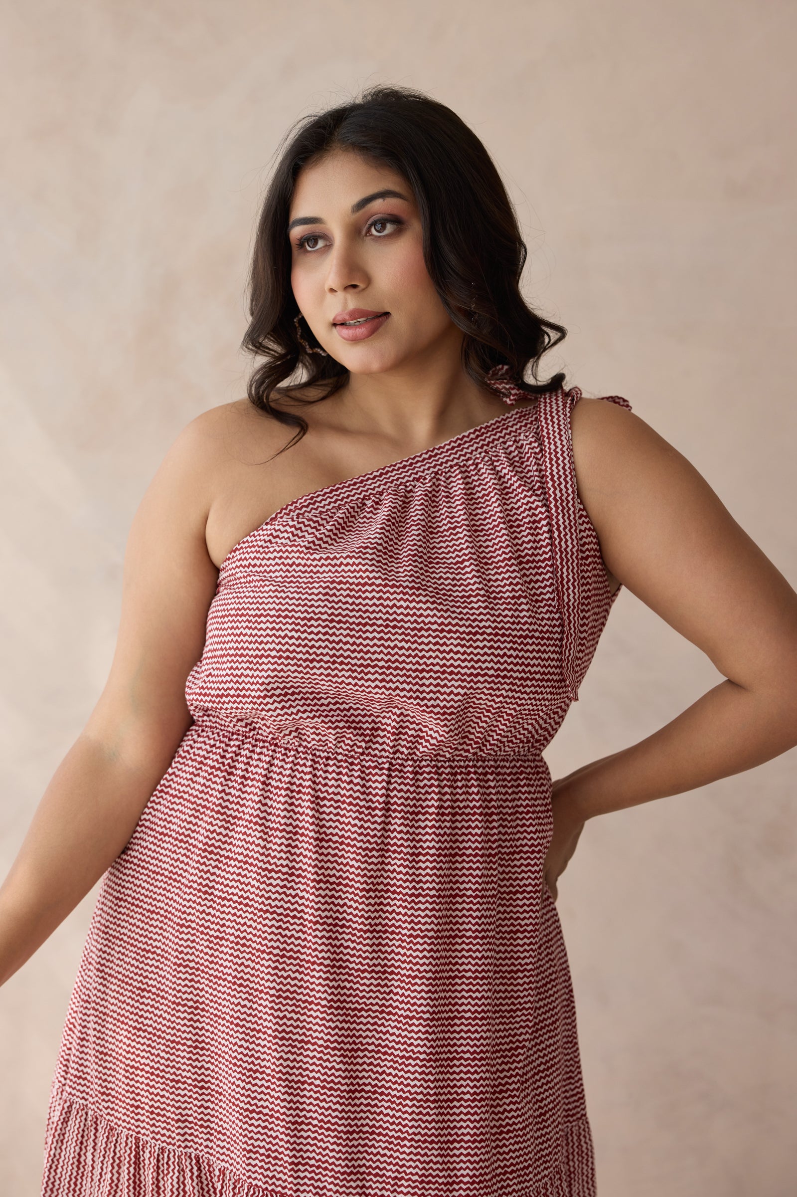 Muted Red One-Shoulder Tiered Cotton Maxi Dress