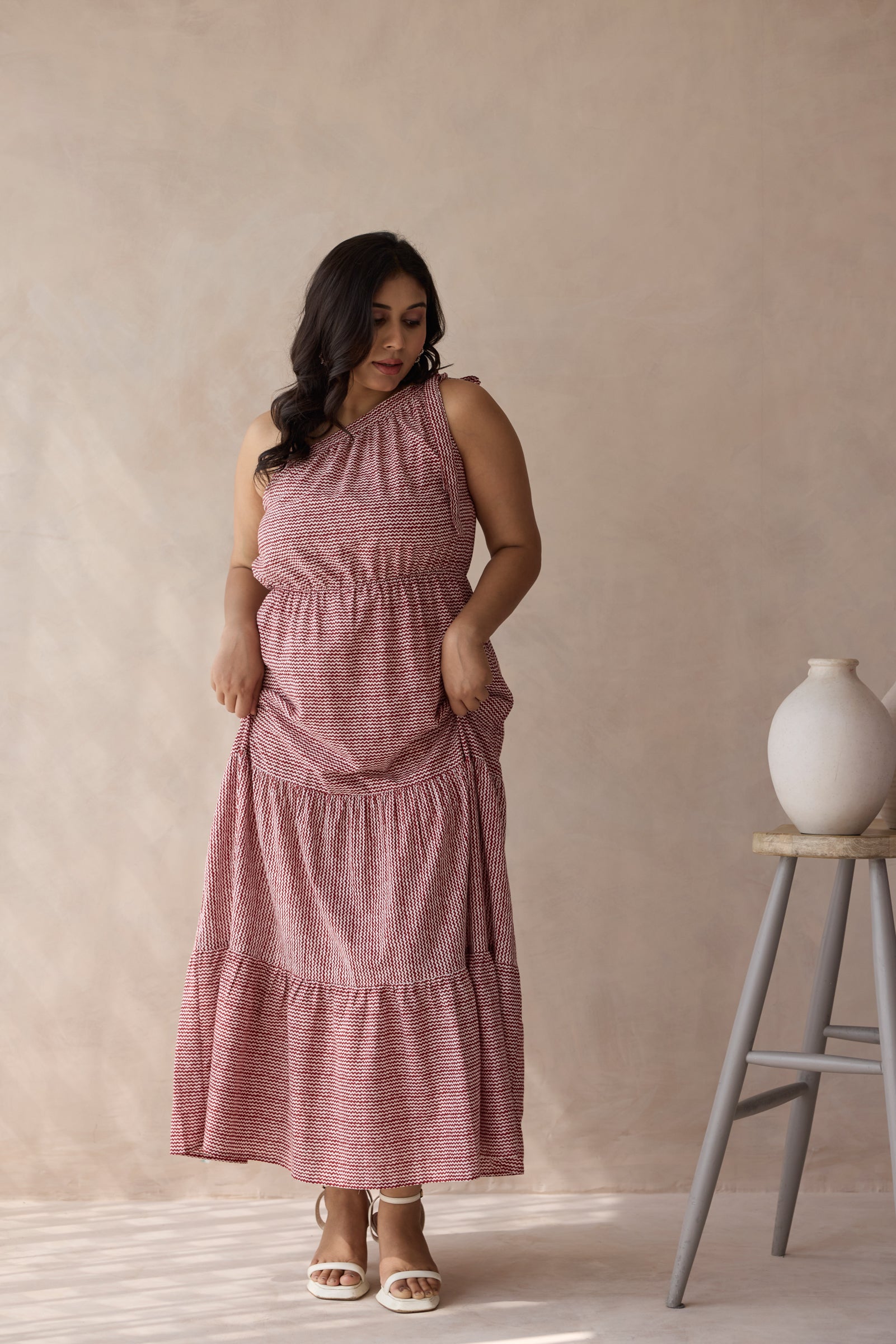 Muted Red One-Shoulder Tiered Cotton Maxi Dress