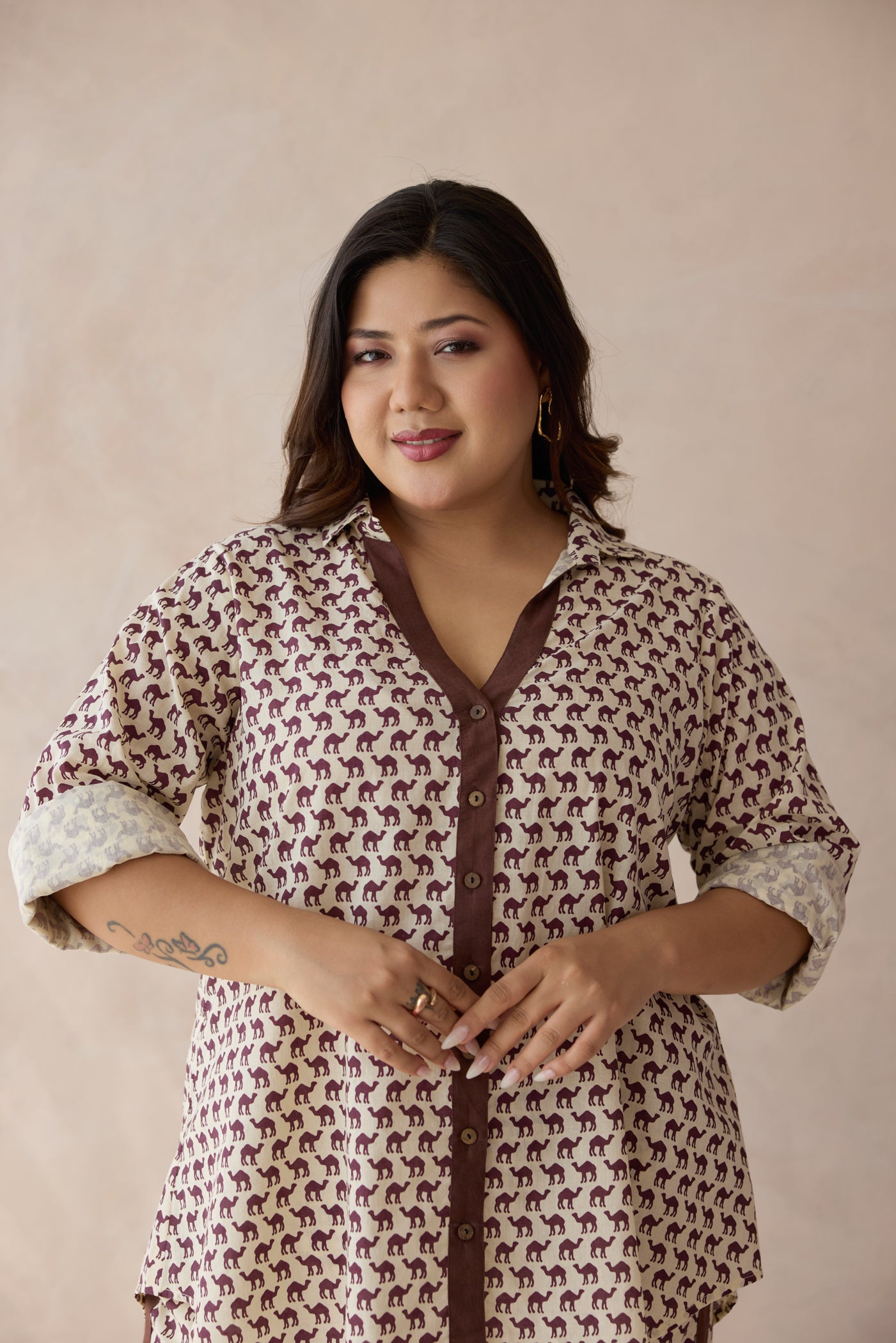 Brown Camel Printed Cotton Top & Bottom Co-ord Set