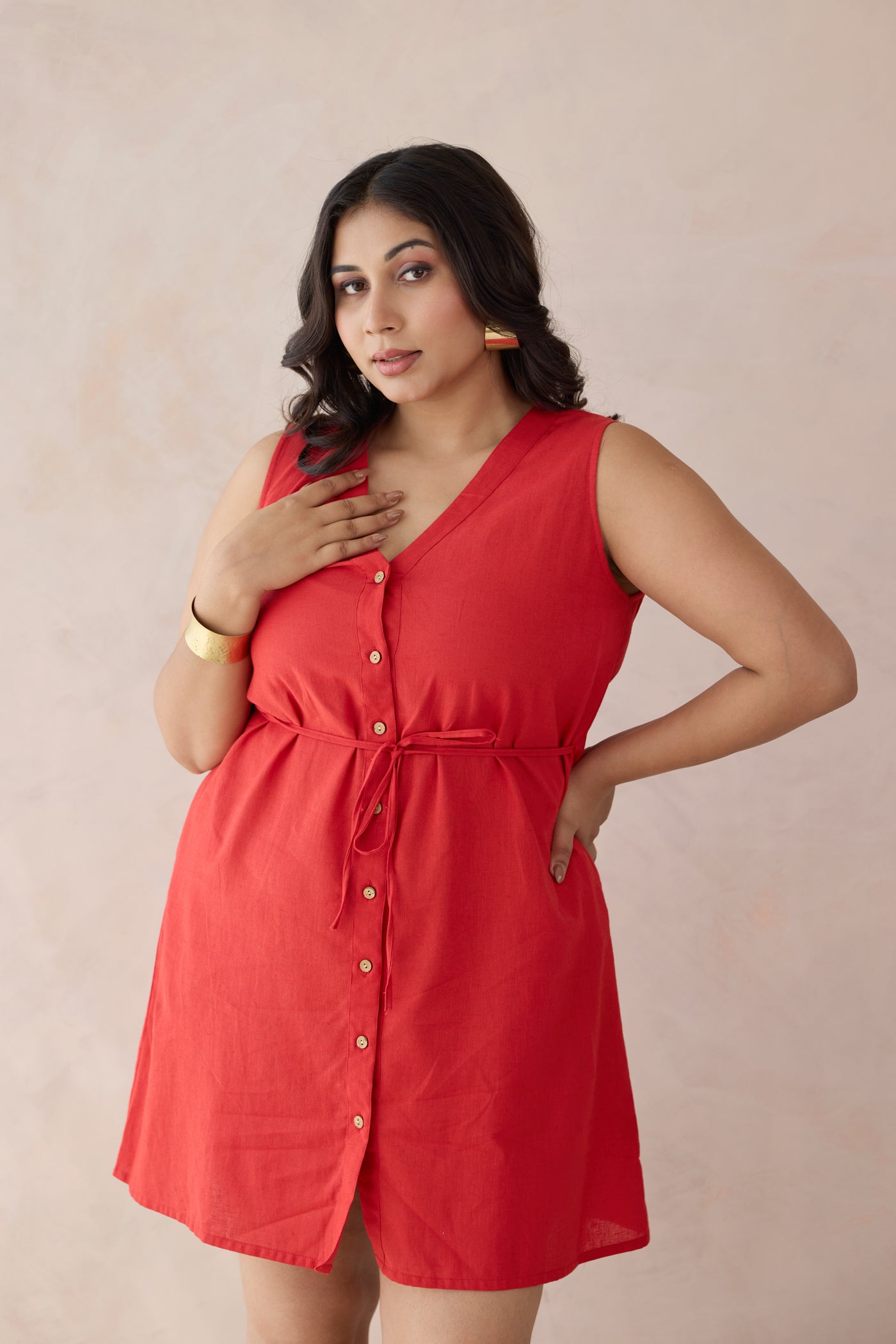 Summery Red Linen Dress with Drawstring