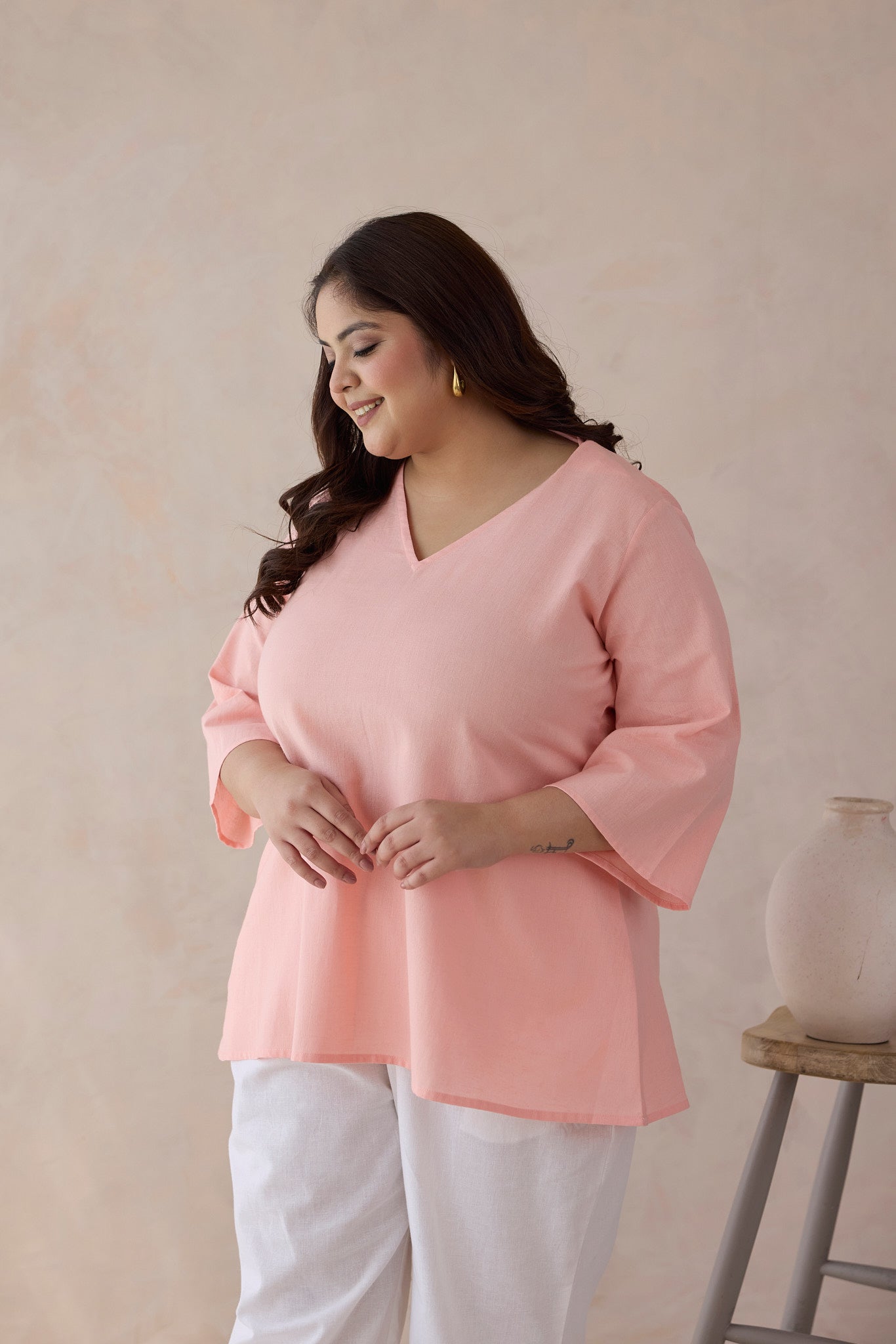 Coral Peach Cotton Collared V-Neck Top