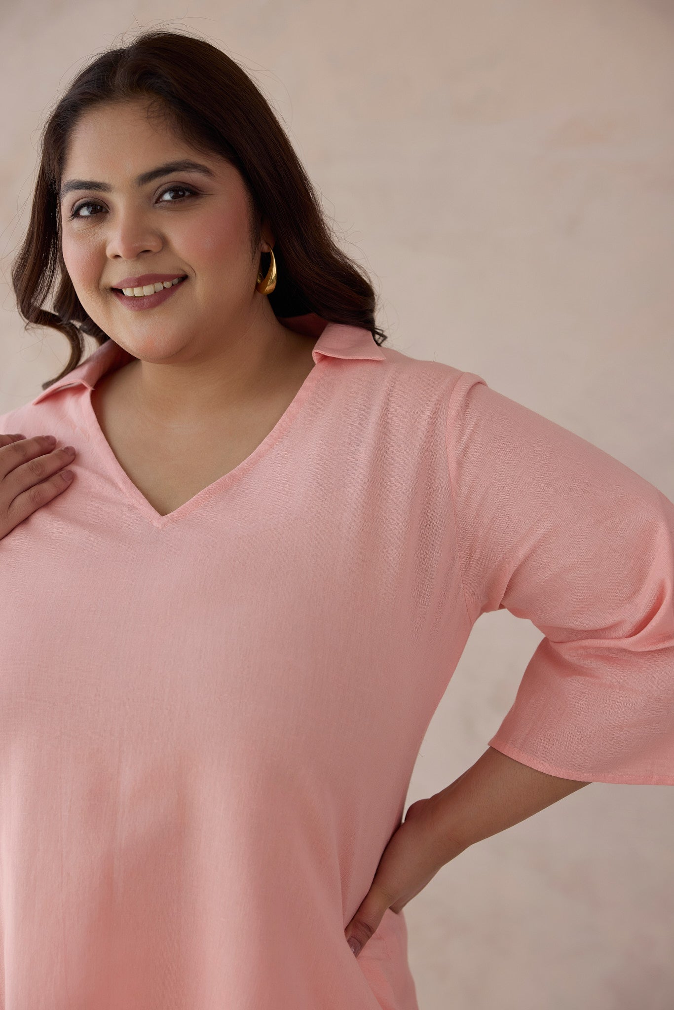 Coral Peach Cotton Collared V-Neck Top