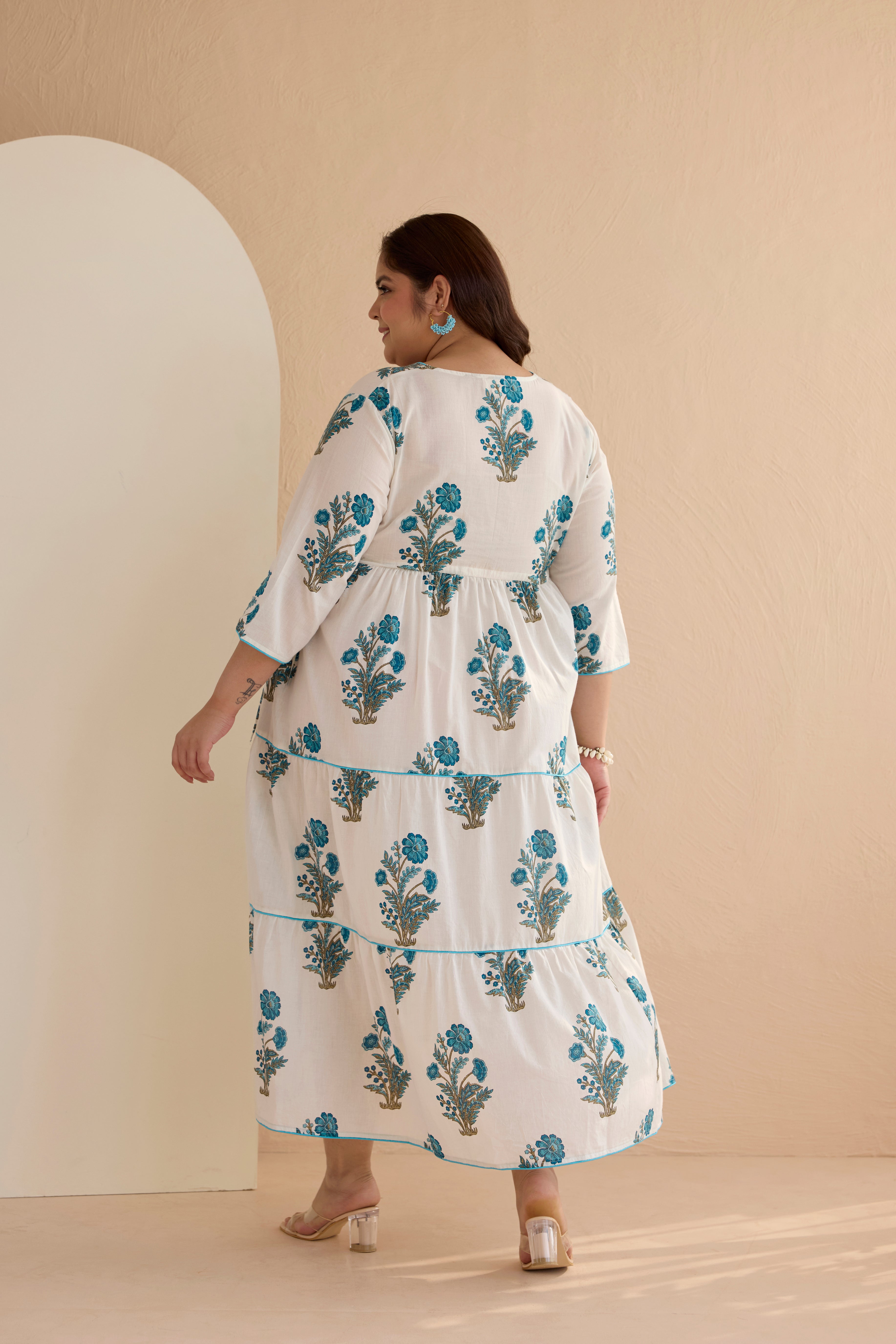 Blue Jaipur Print Cotton Tiered Dress with Drawstring