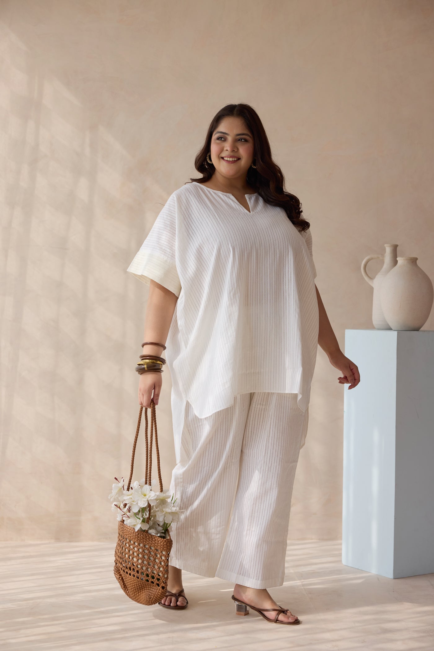 Pearl White Antifit Striped Cotton Co-ord Set