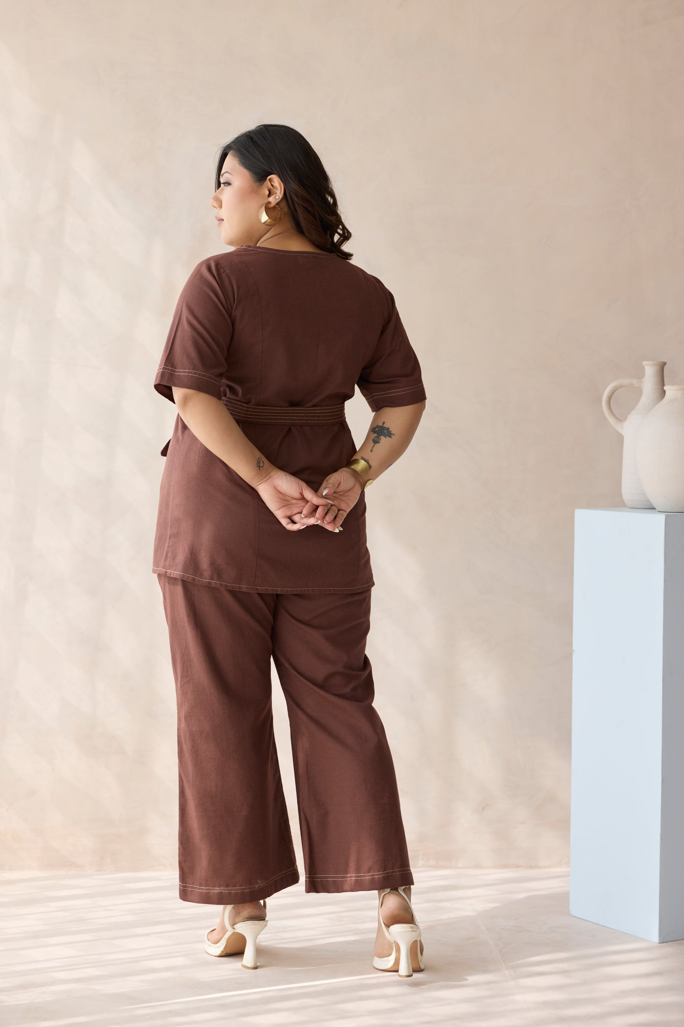 Bossy Mocha Brown Belted Linen Co-ord Set- Jacket Top & Bottom