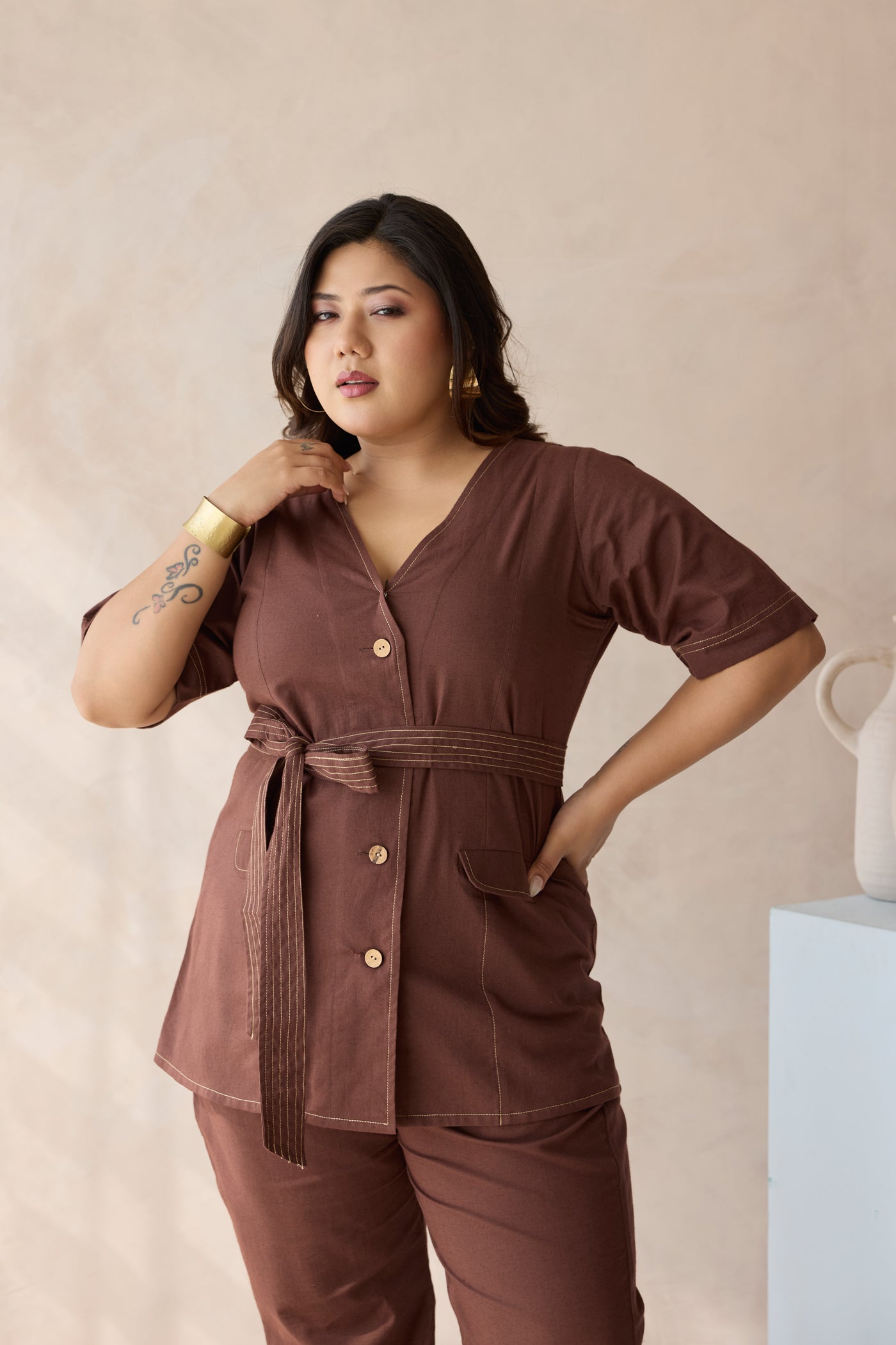 Bossy Mocha Brown Belted Linen Co-ord Set- Jacket Top & Bottom