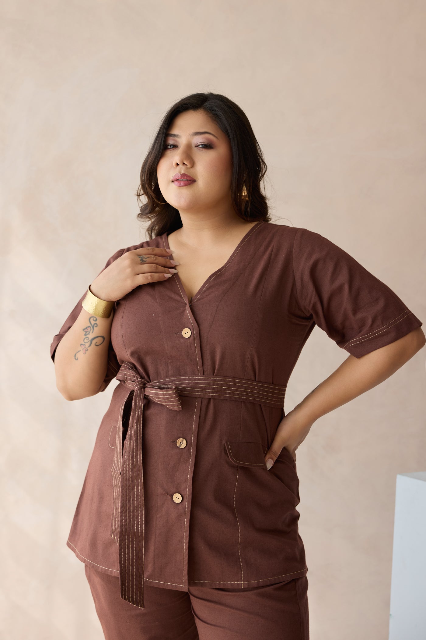 Bossy Mocha Brown Belted Linen Co-ord Set- Jacket Top & Bottom