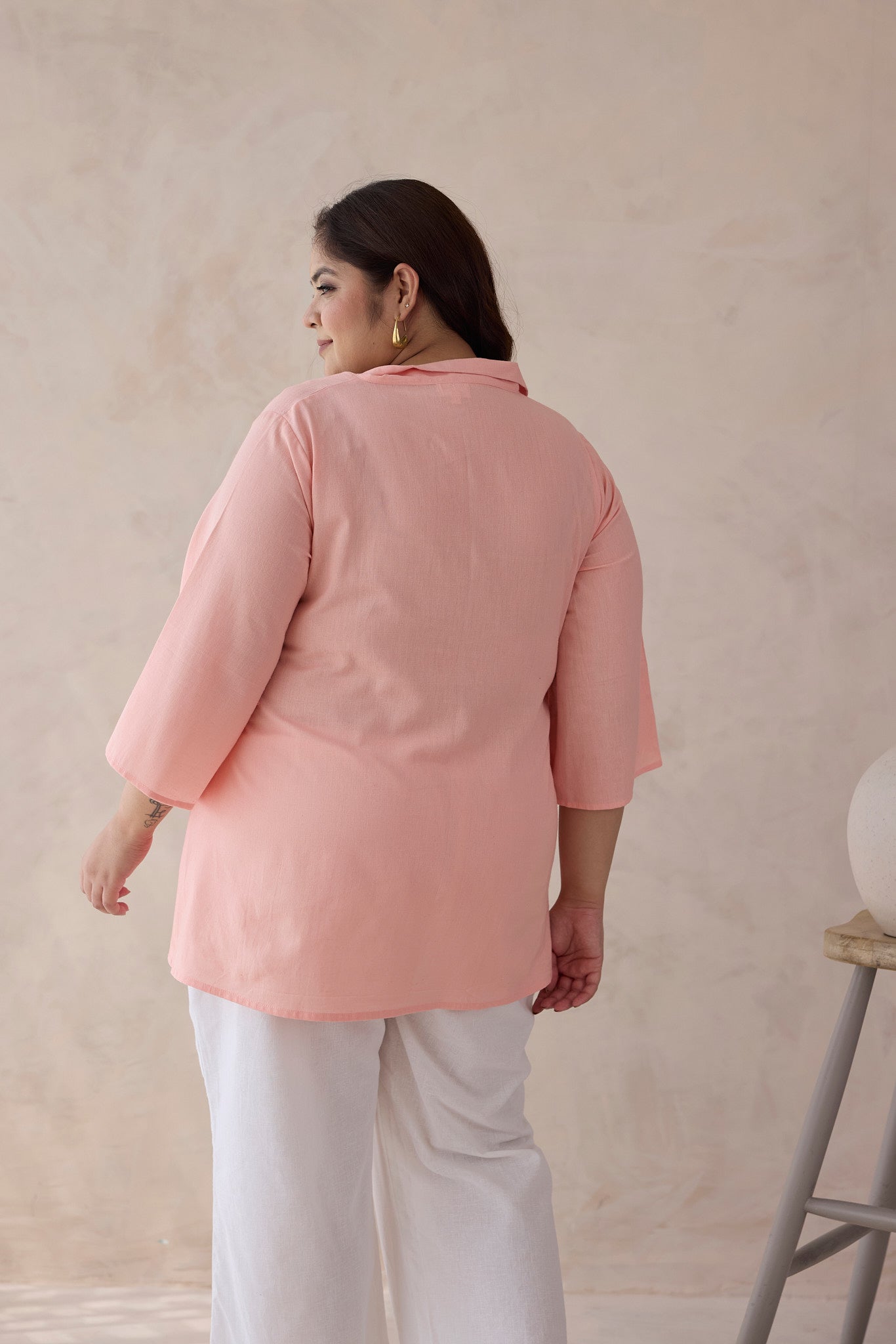 Coral Peach Cotton Collared V-Neck Top