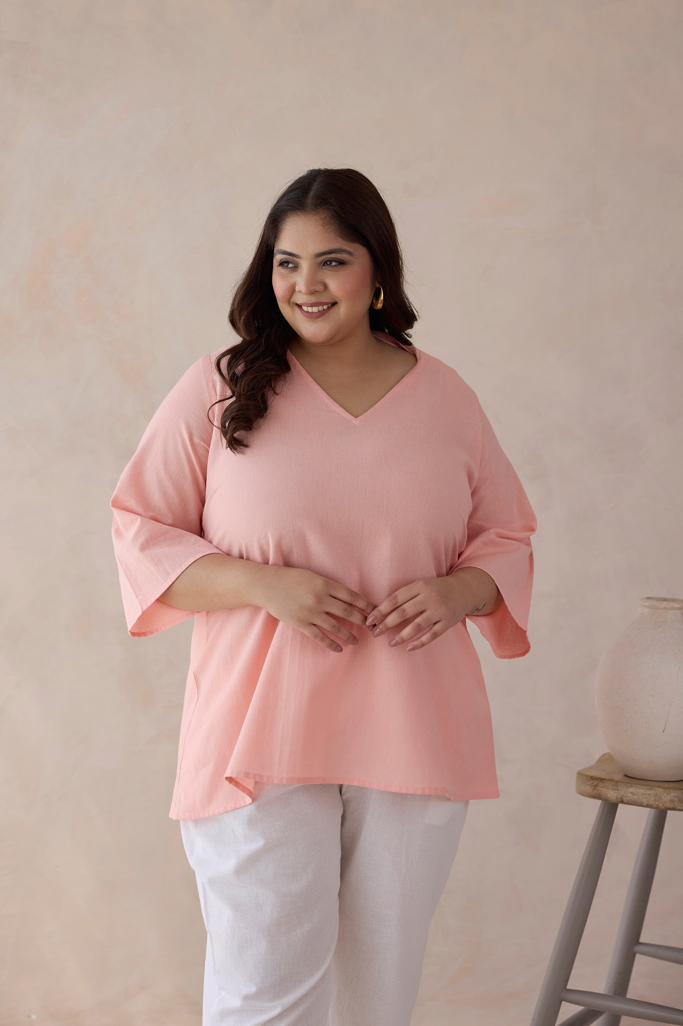 Coral Peach Cotton Collared V-Neck Top