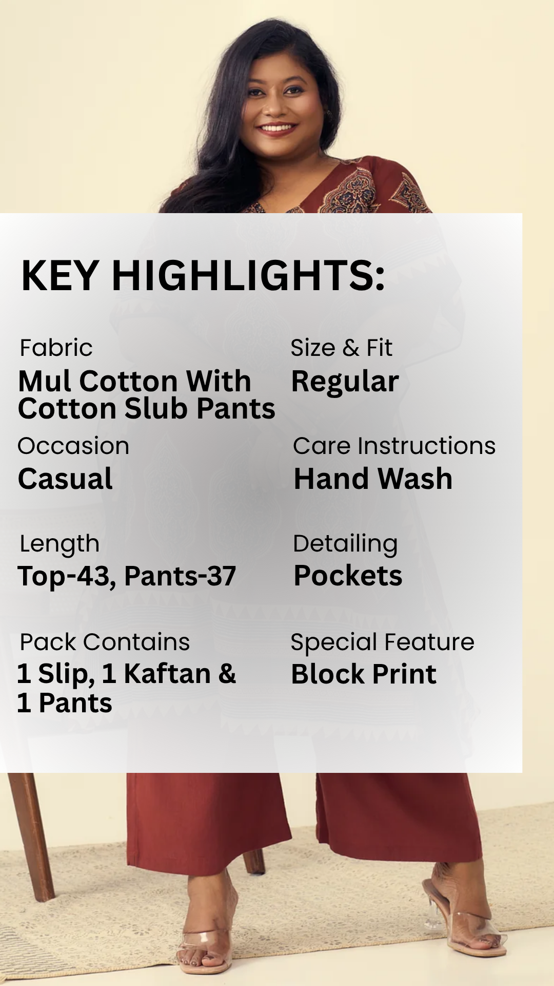 Rust Kaftan Co-ord Set With Ethnic Print