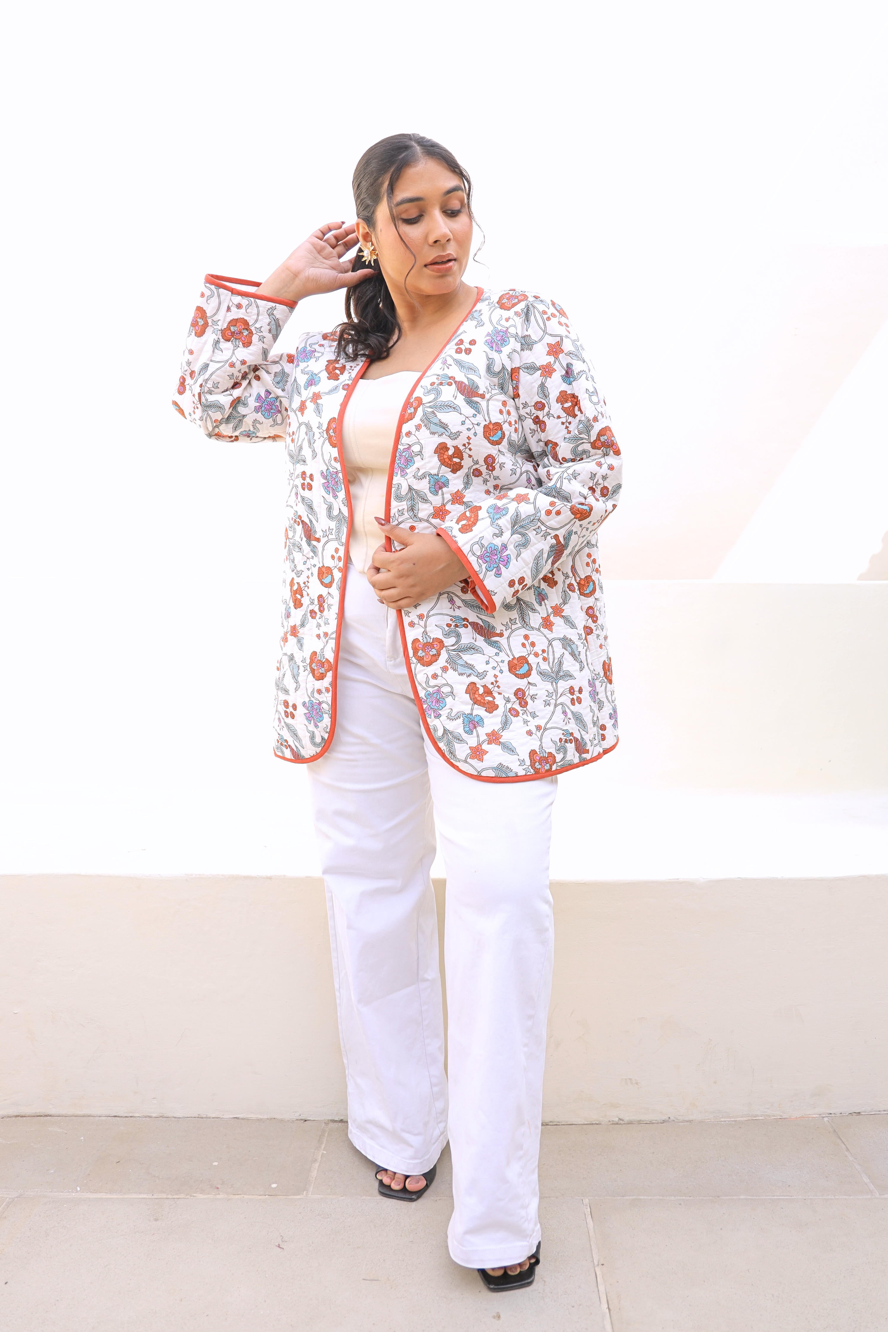 Floral Hand-Block Quilted Puffer Cotton Longline Jacket – Ivory Garden