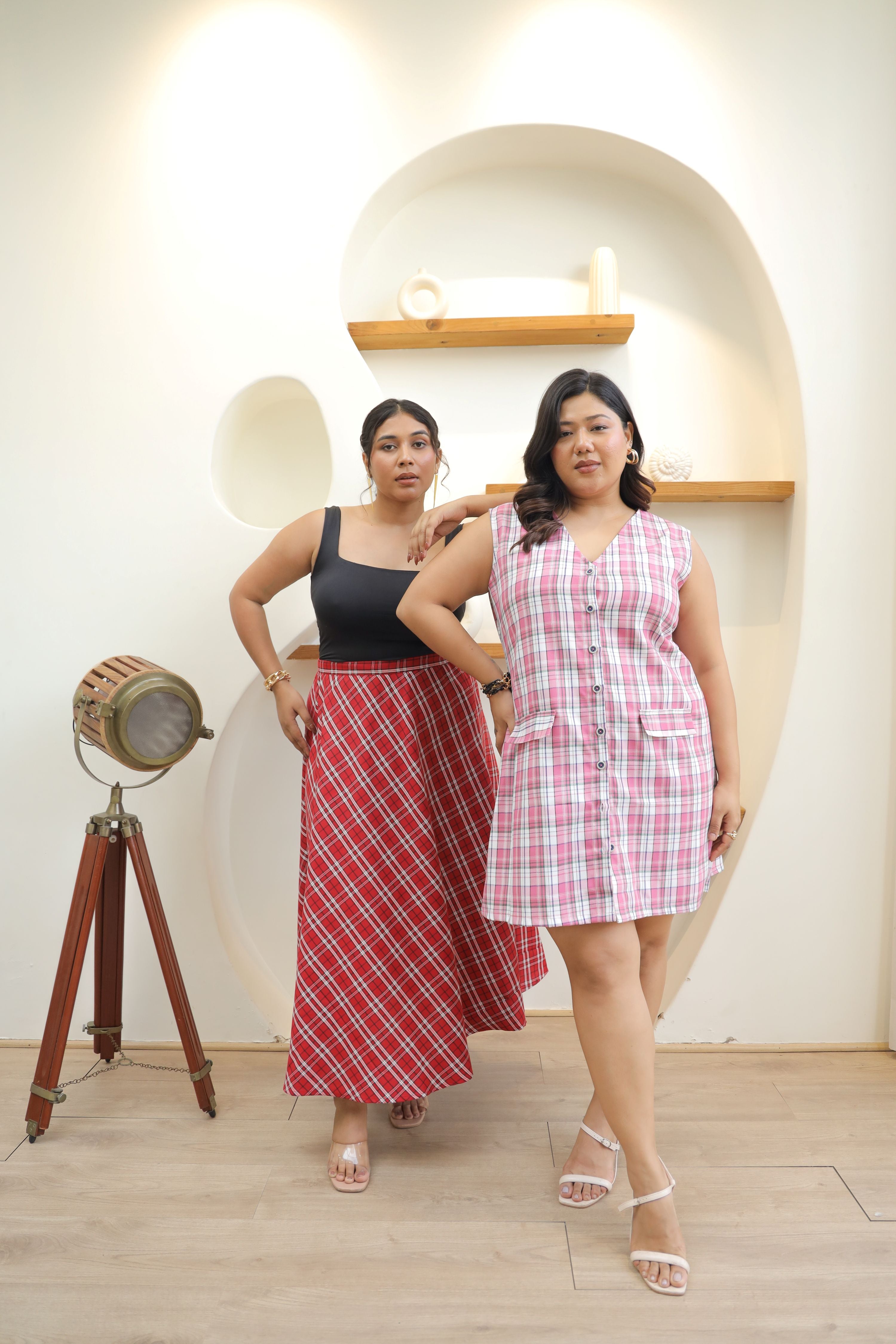 Pink Checked A-Line Mini Dress