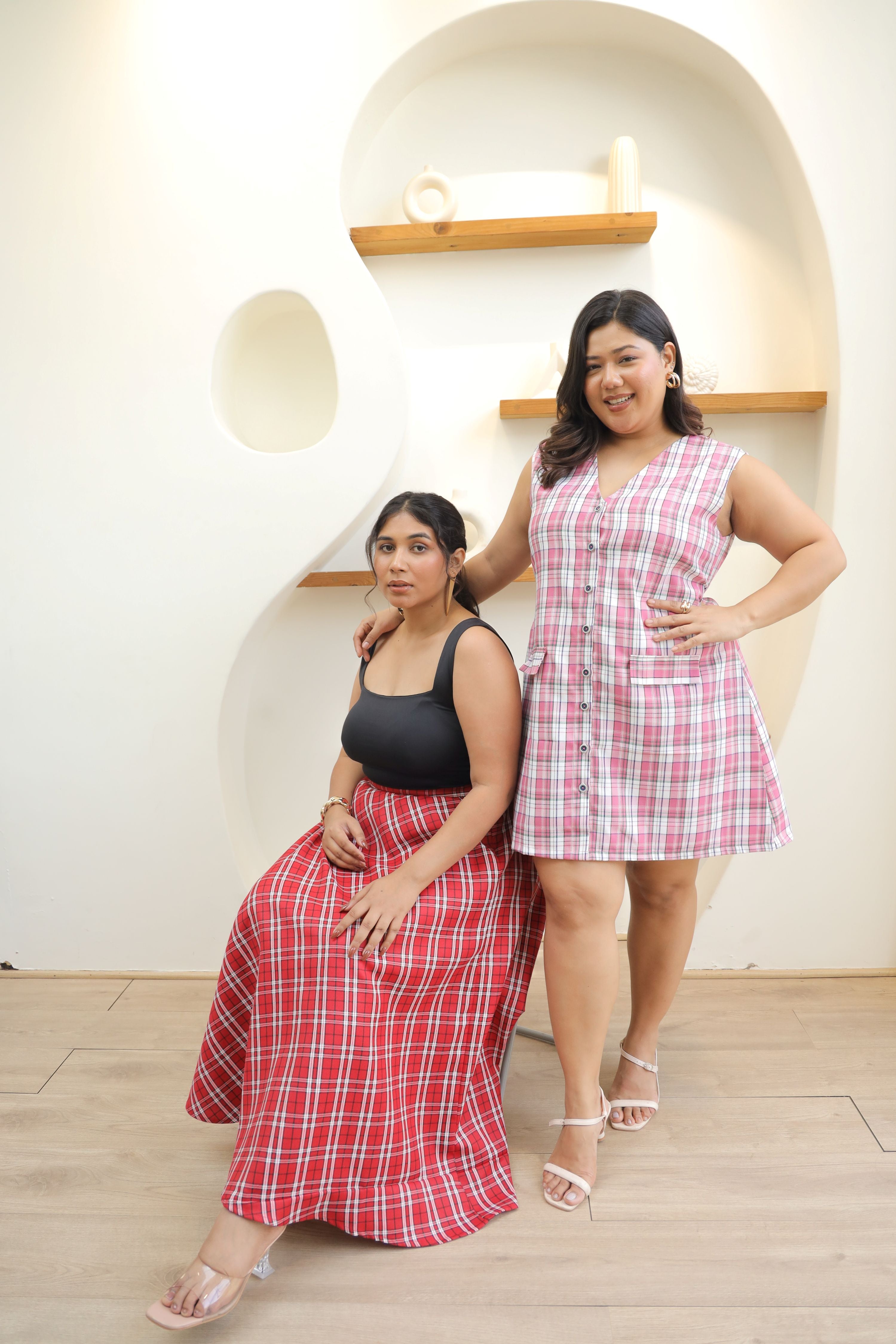 Red Checkered A-line Midi Skirt