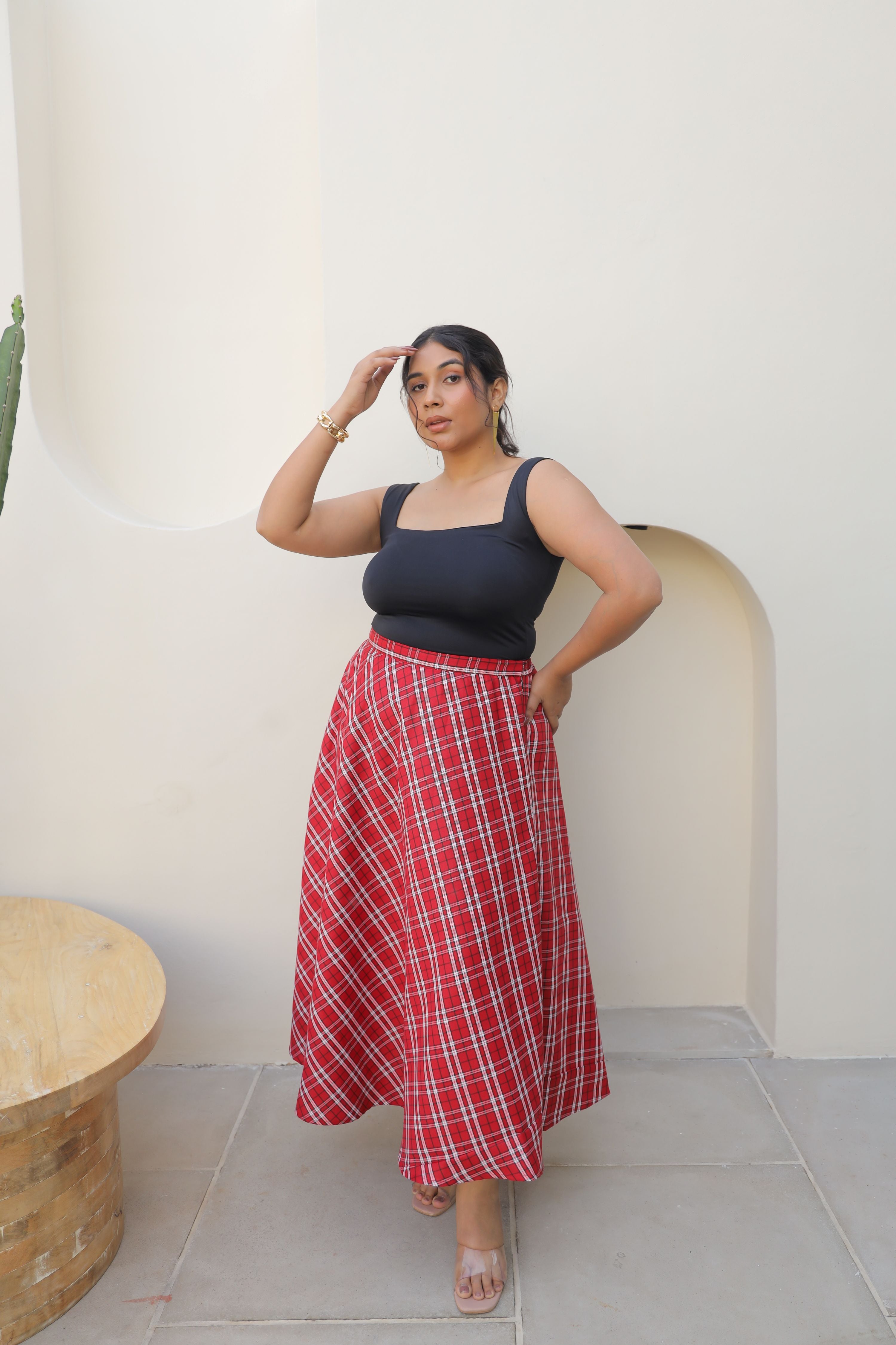 Red Checkered A-line Midi Skirt