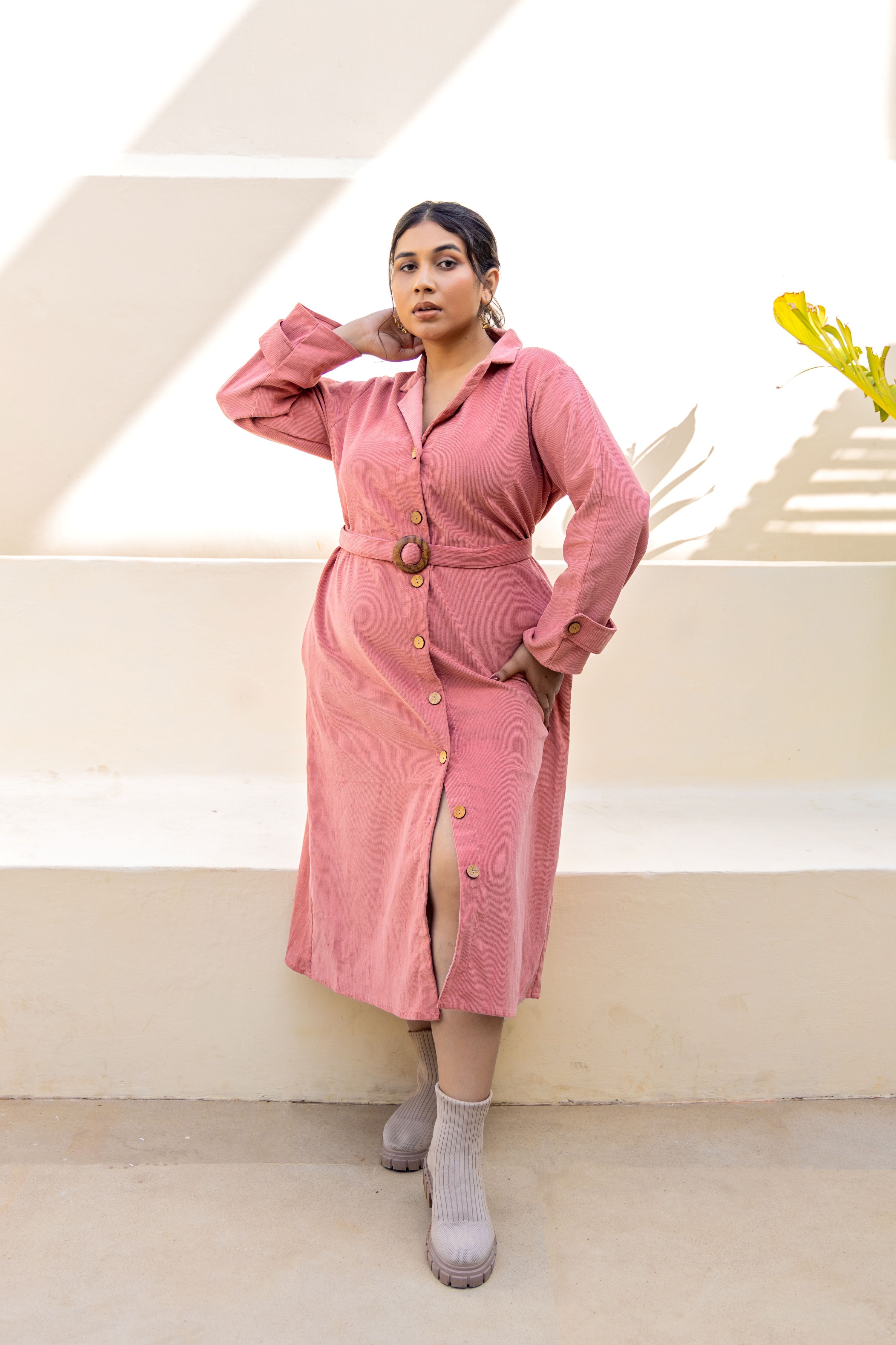 Salmon Pink Midi Shirt Dress