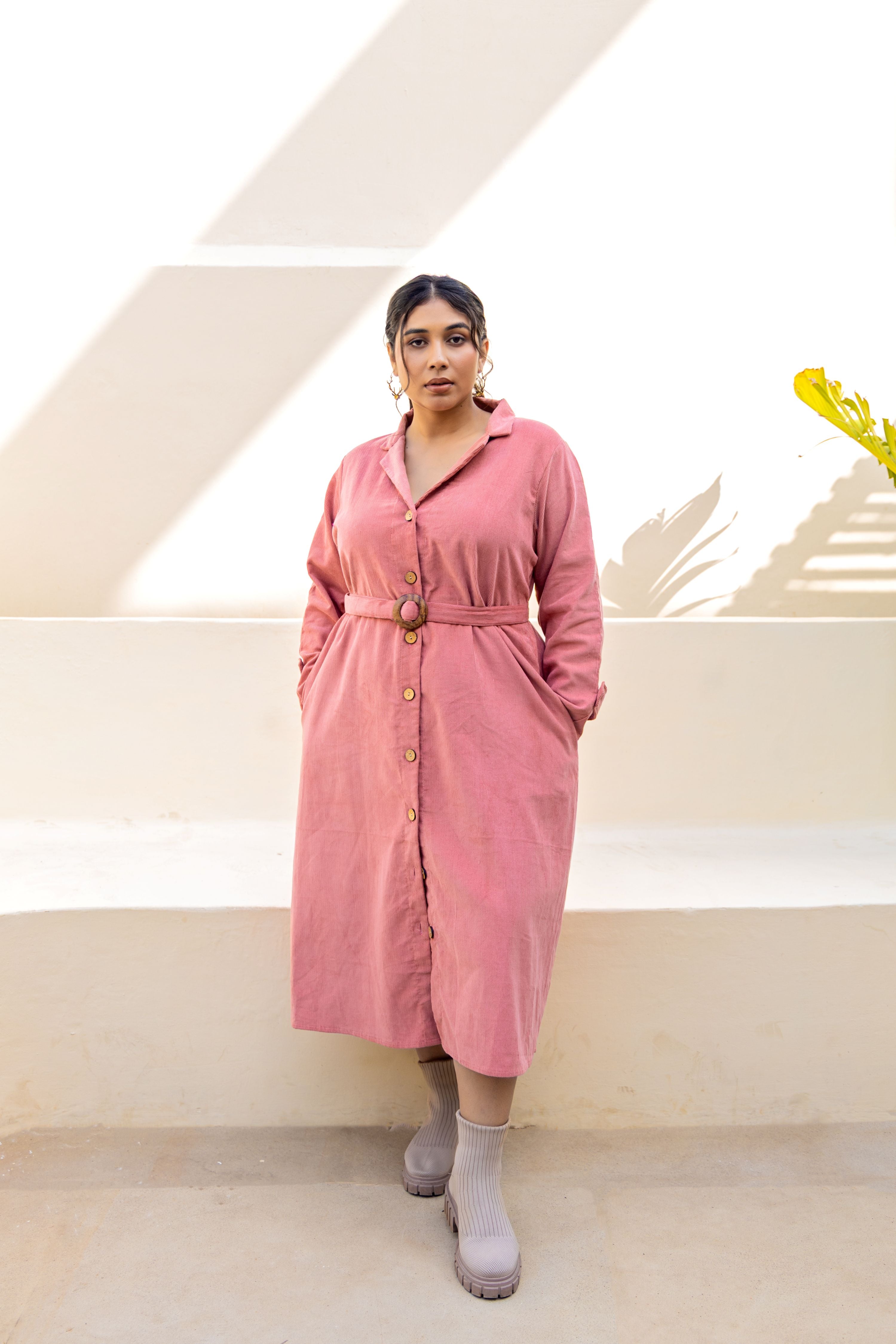 Salmon Pink Midi Shirt Dress