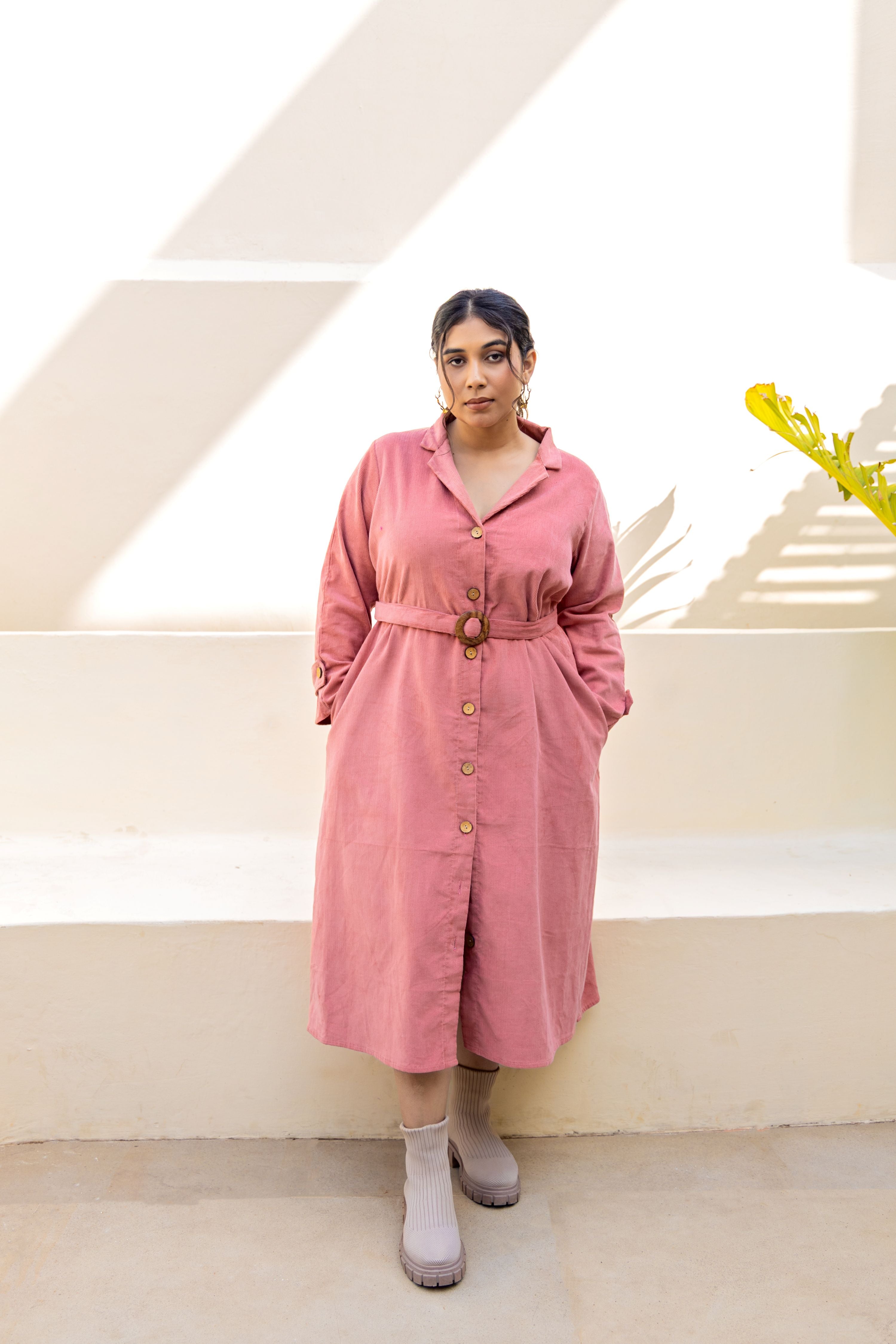 Salmon Pink Midi Shirt Dress