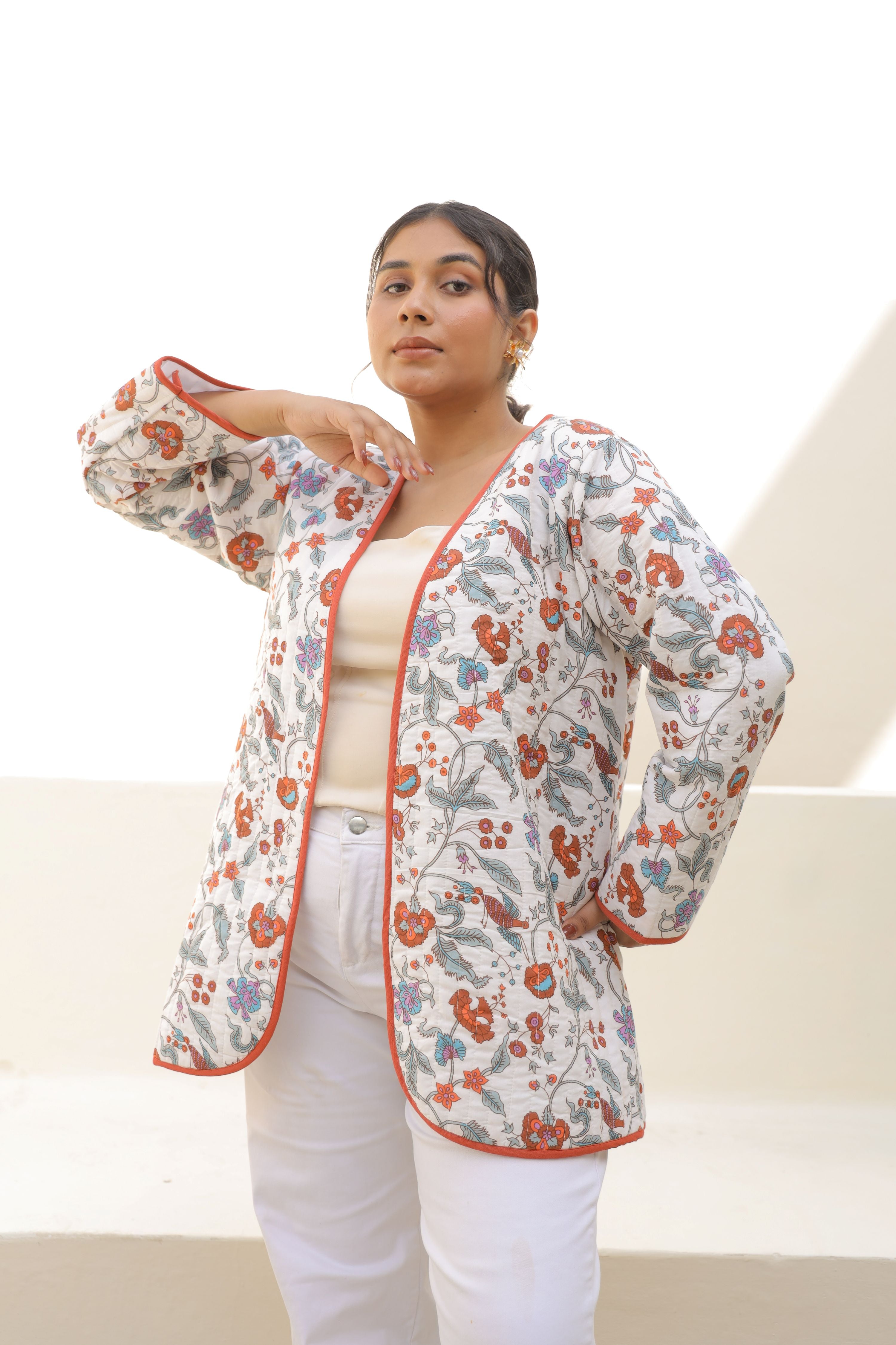 Floral Hand-Block Quilted Puffer Winter Longline Jacket – Plum Blossom