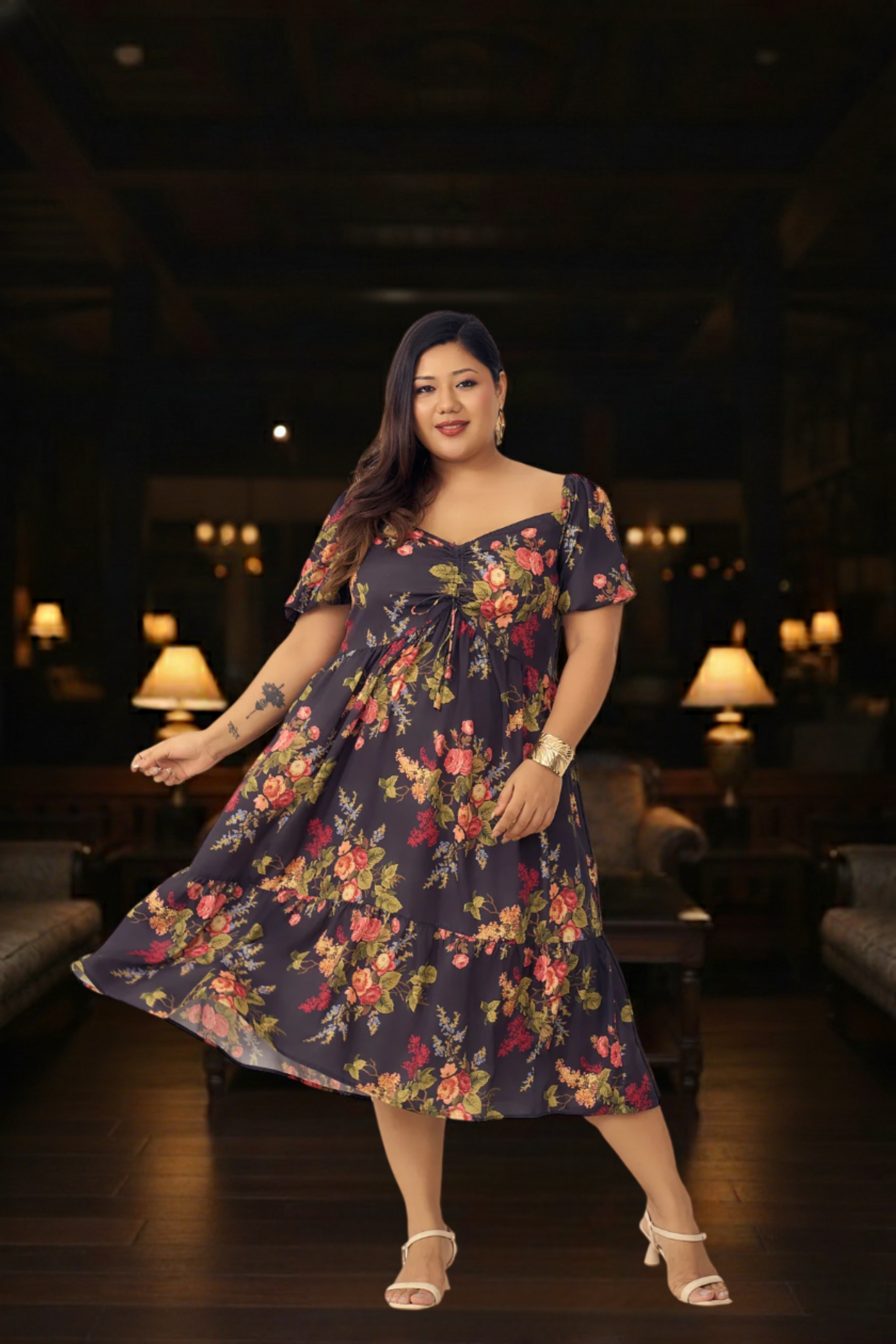 Black Floral A-Line Party Dress