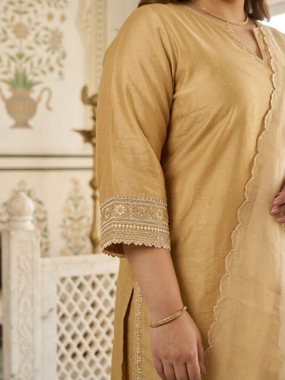 Plus Size Women Elegant Gold Silk Kurta Set - Festive Ethnic Wear with Dupatta