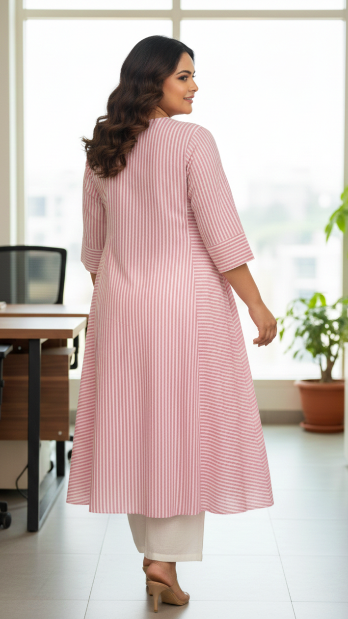 Plus Size Women’s Pink Striped Cotton Kurta – A-Line Office Wear