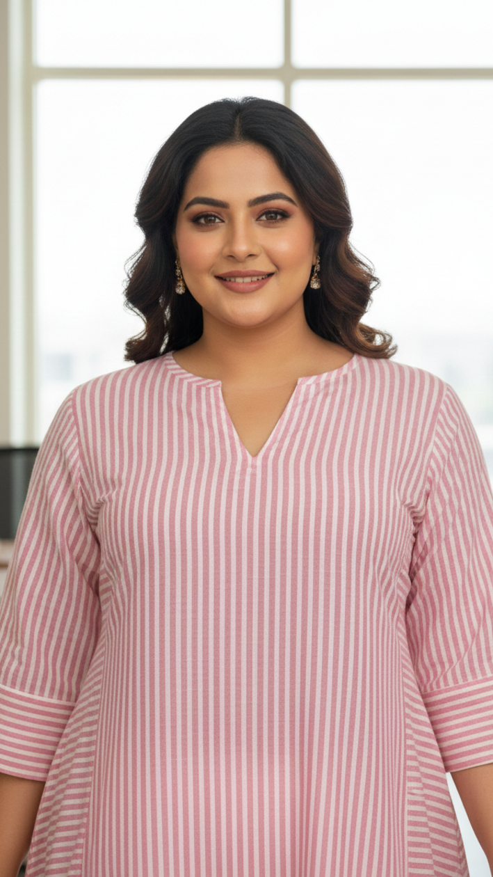 Plus Size Women’s Pink Striped Cotton Kurta – A-Line Office Wear