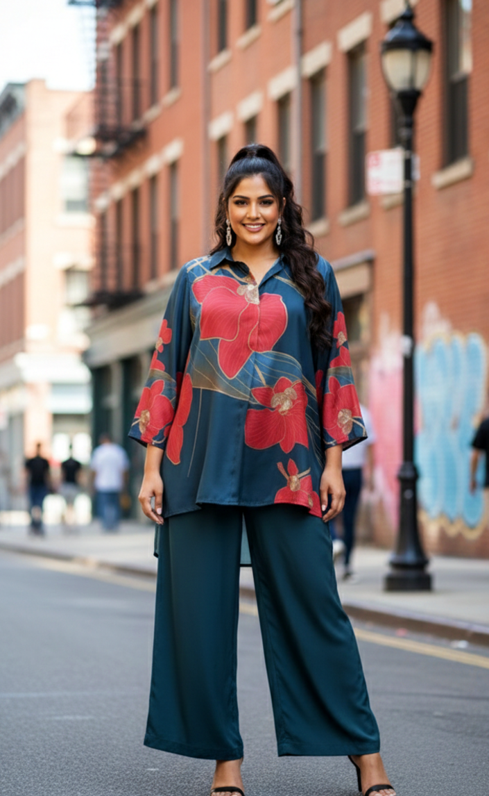 Flowy Satin Teal Co-ord Set with Digital Floral Print