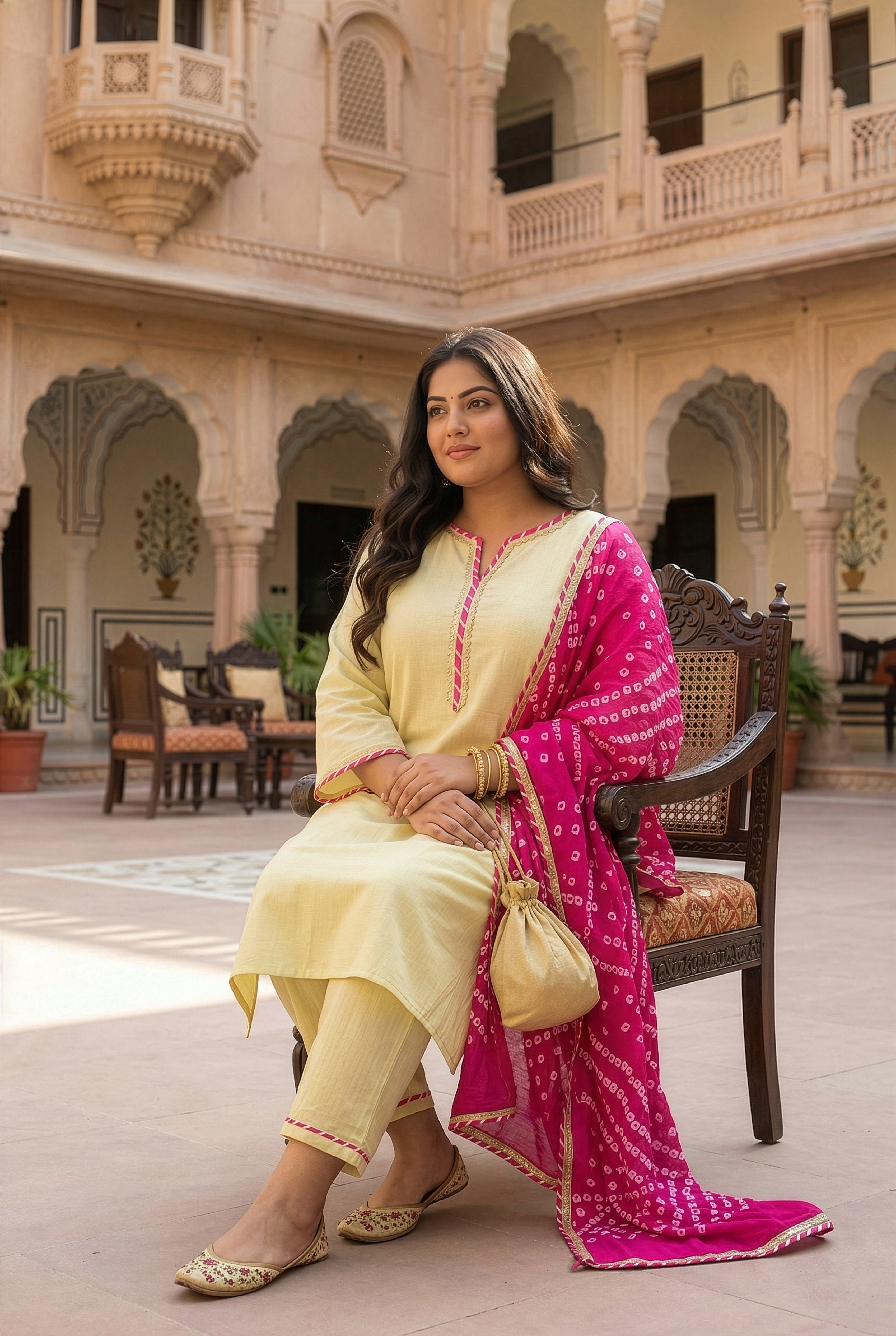 Lime Kurta Suit Set with Pink Bandhani Dupatta