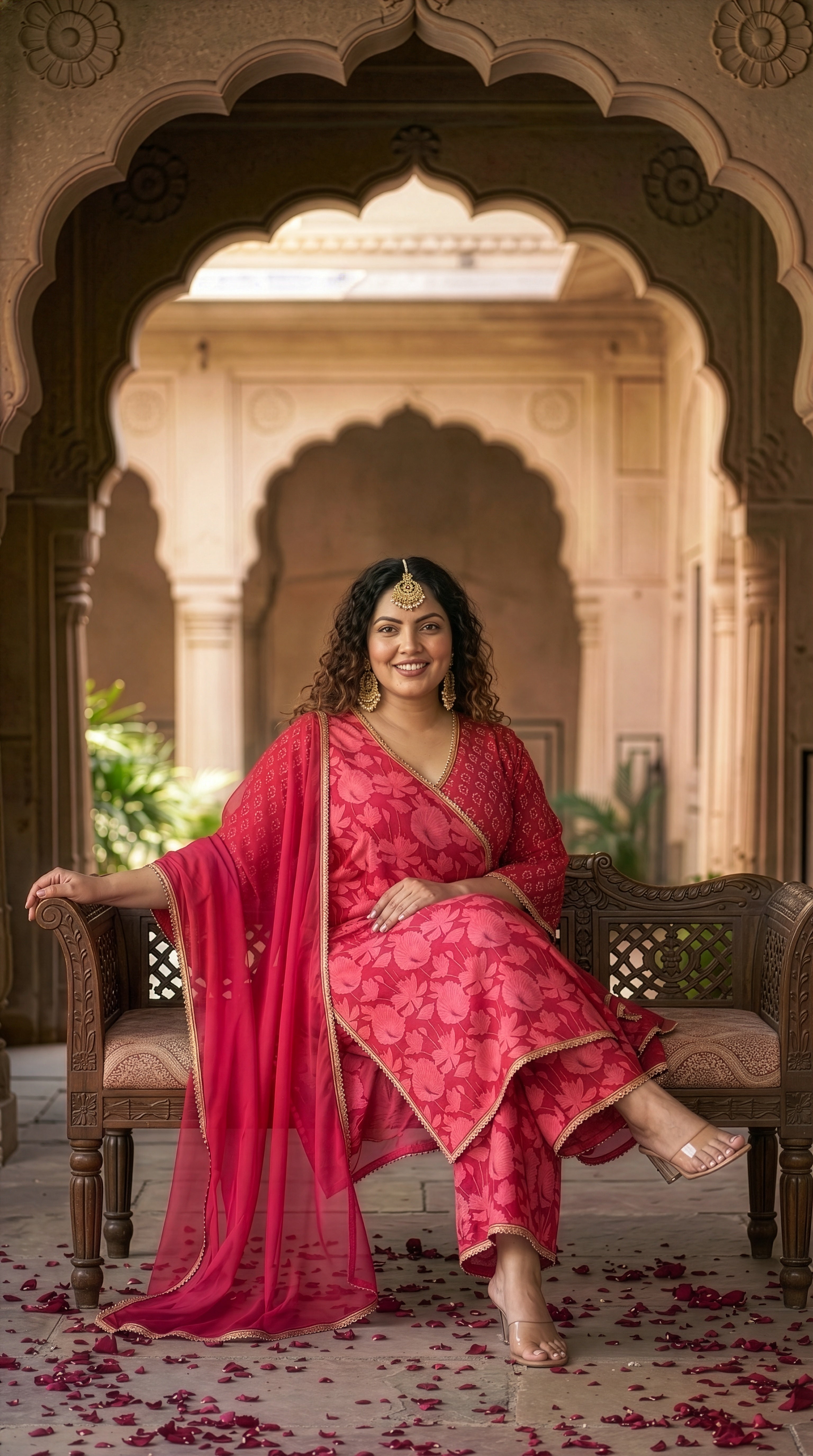 Plus Size Pink Floral Cotton Kurta Suit Set (3 pcs) – Elegant Ethnic Wear for Women