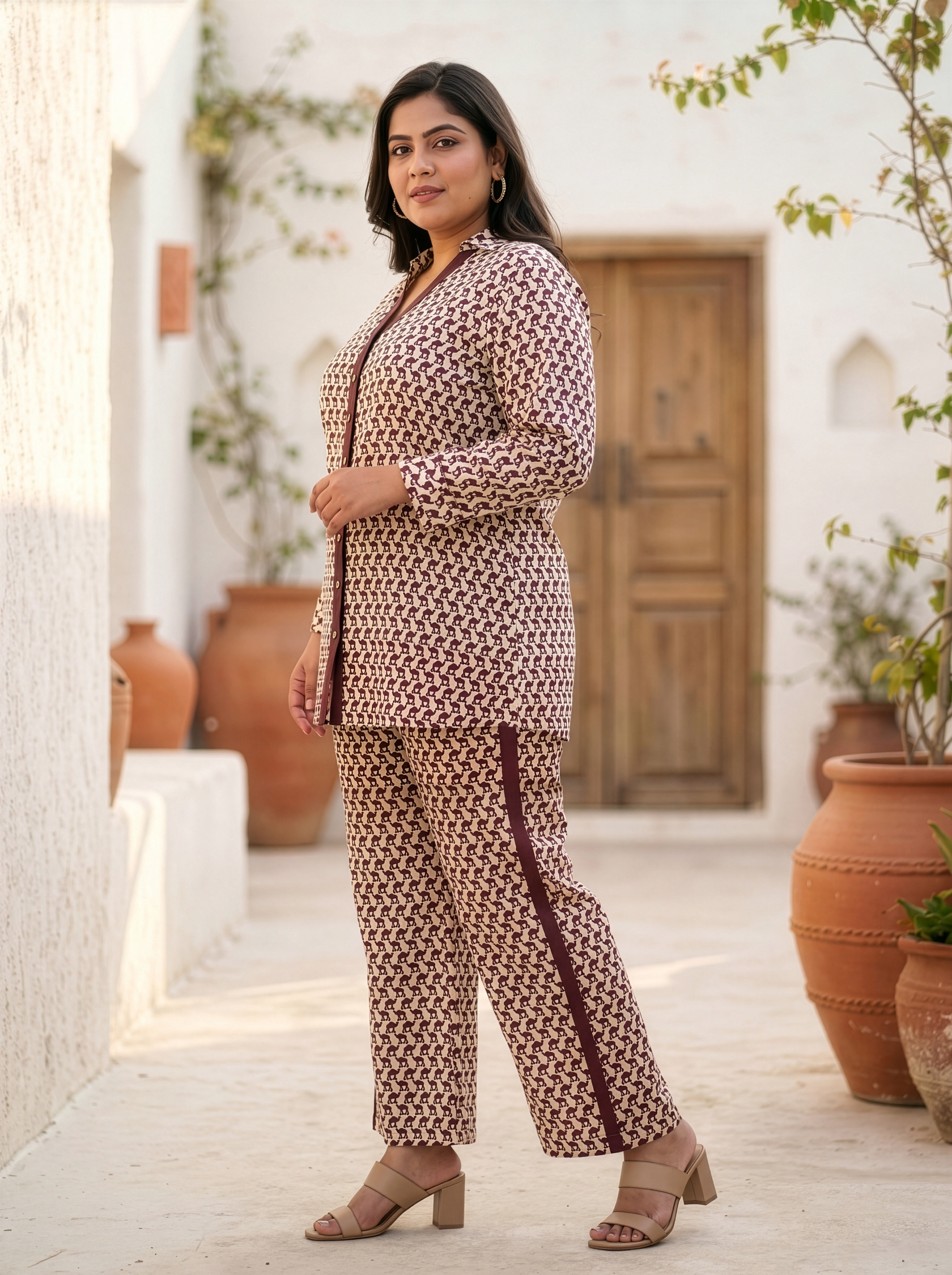 Regular Brown Camel Printed Cotton Top & Bottom Co-ord Set