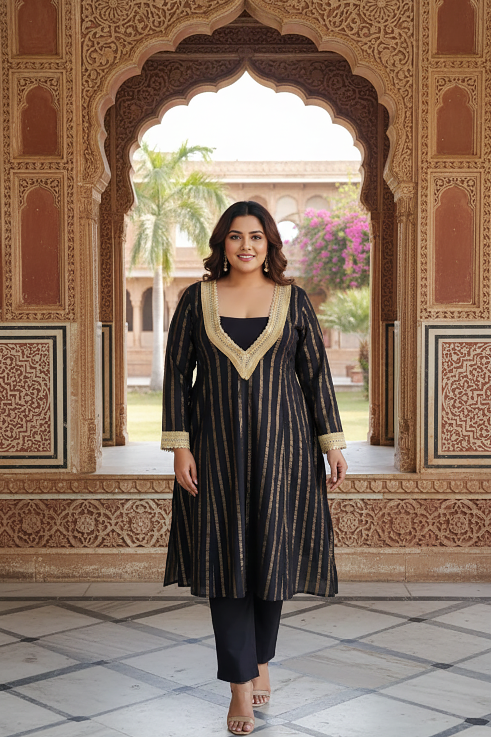 Plus Size Black Golden Ethnic Partywear Kurta & Pants Set for Women