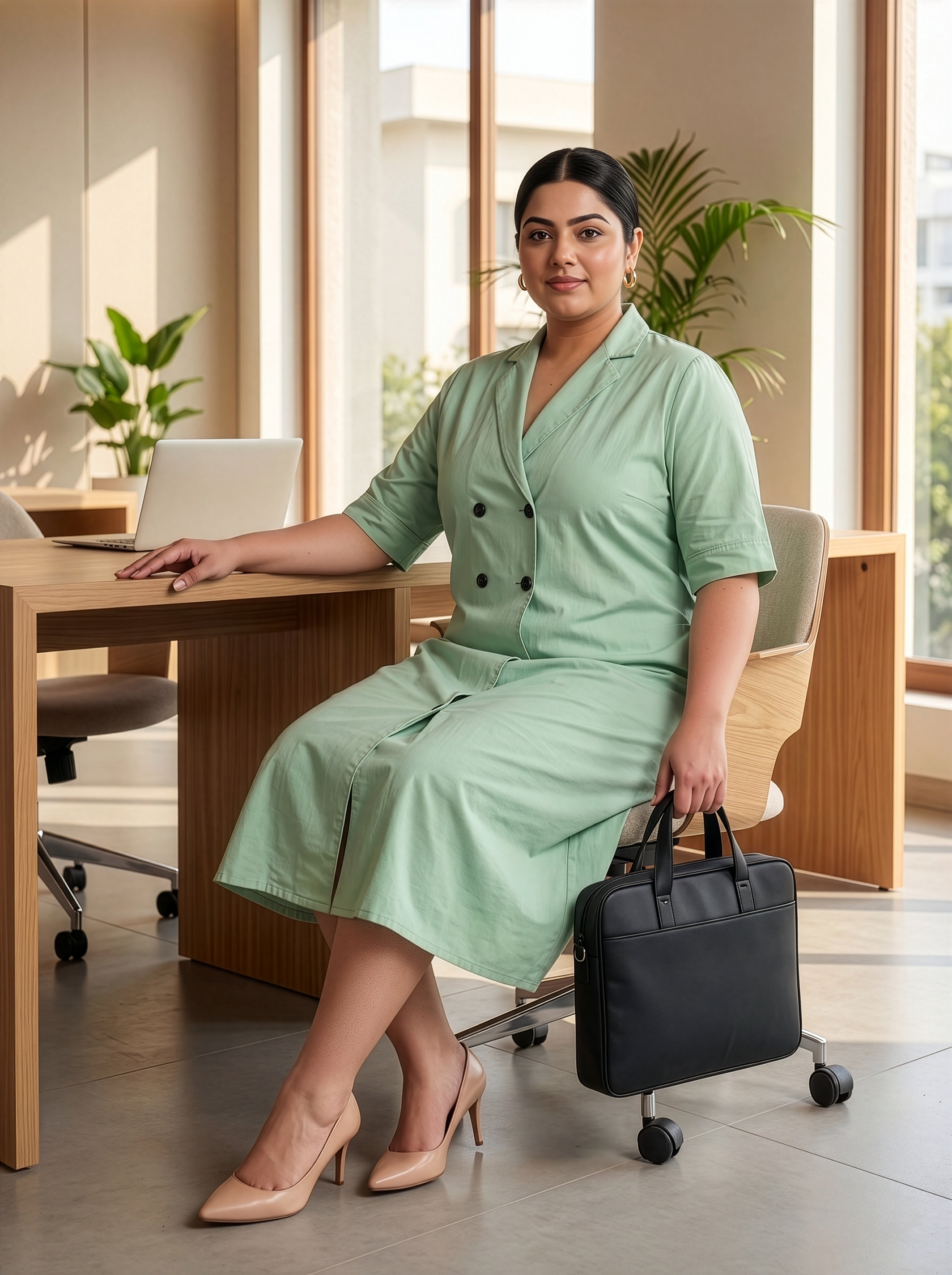 Plus Size Sage Green Cotton Linen Shirt Dress- Office Wear Midi Dress for Women