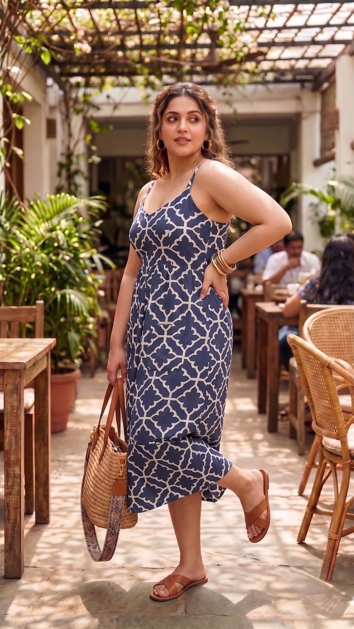 Plus Size Navy Blue Geometric Printed Cotton Midi Dress for Women | Sleeveless Button-Front Dress