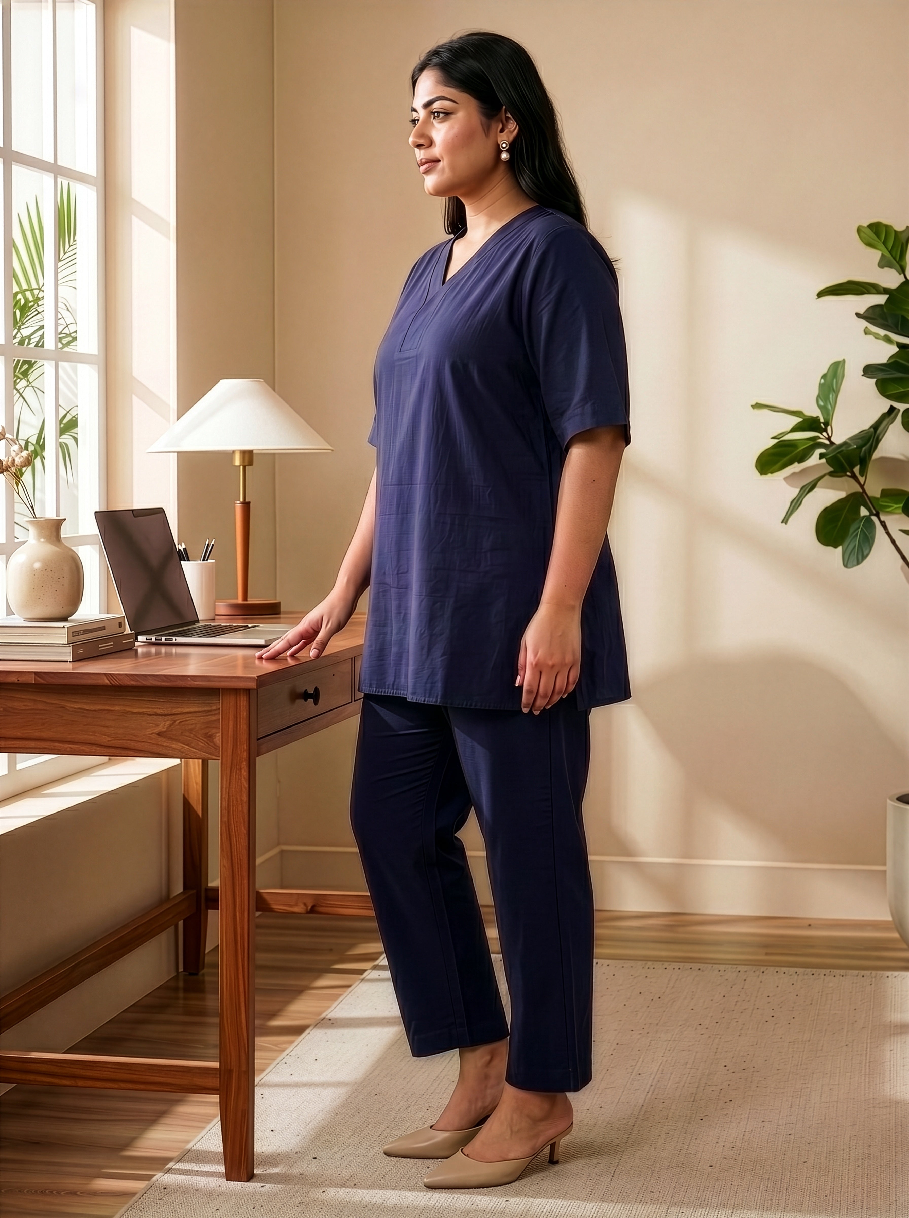 Plus Size Dark Blue Linen Co-ord Set for Women – Relaxed Fit Everyday Wear
