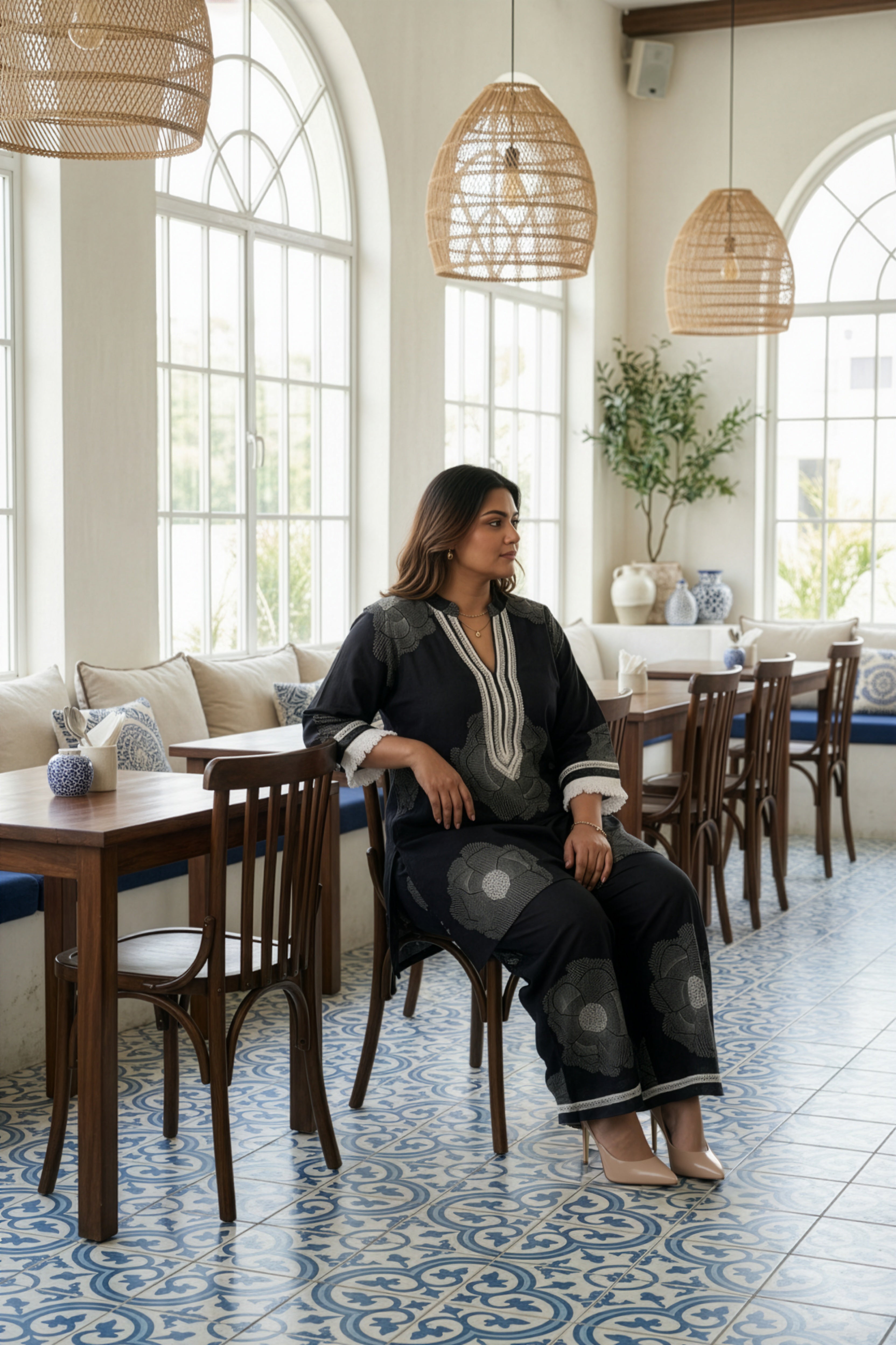 Black & White Co-ord Set With Floral Motifs