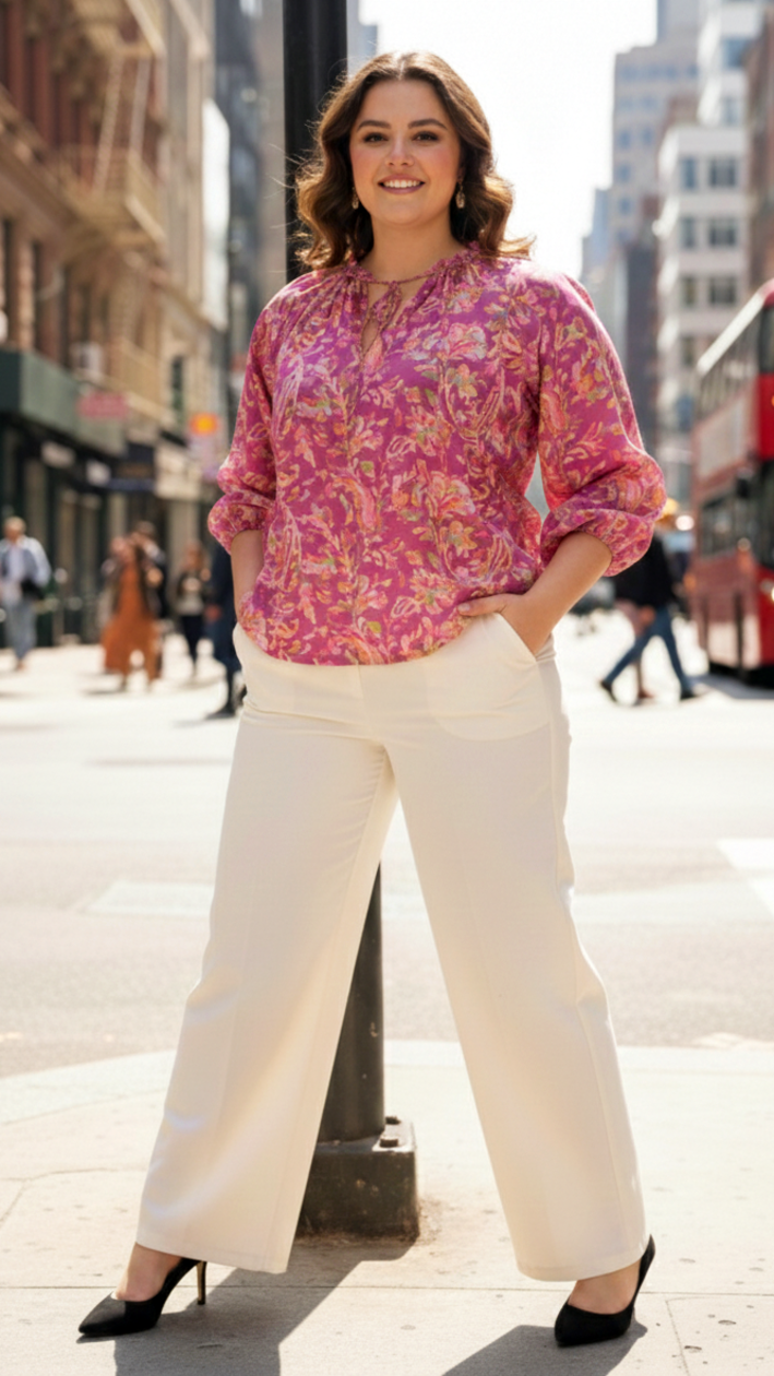 Pink & Gold Floral Tie-Neck Top