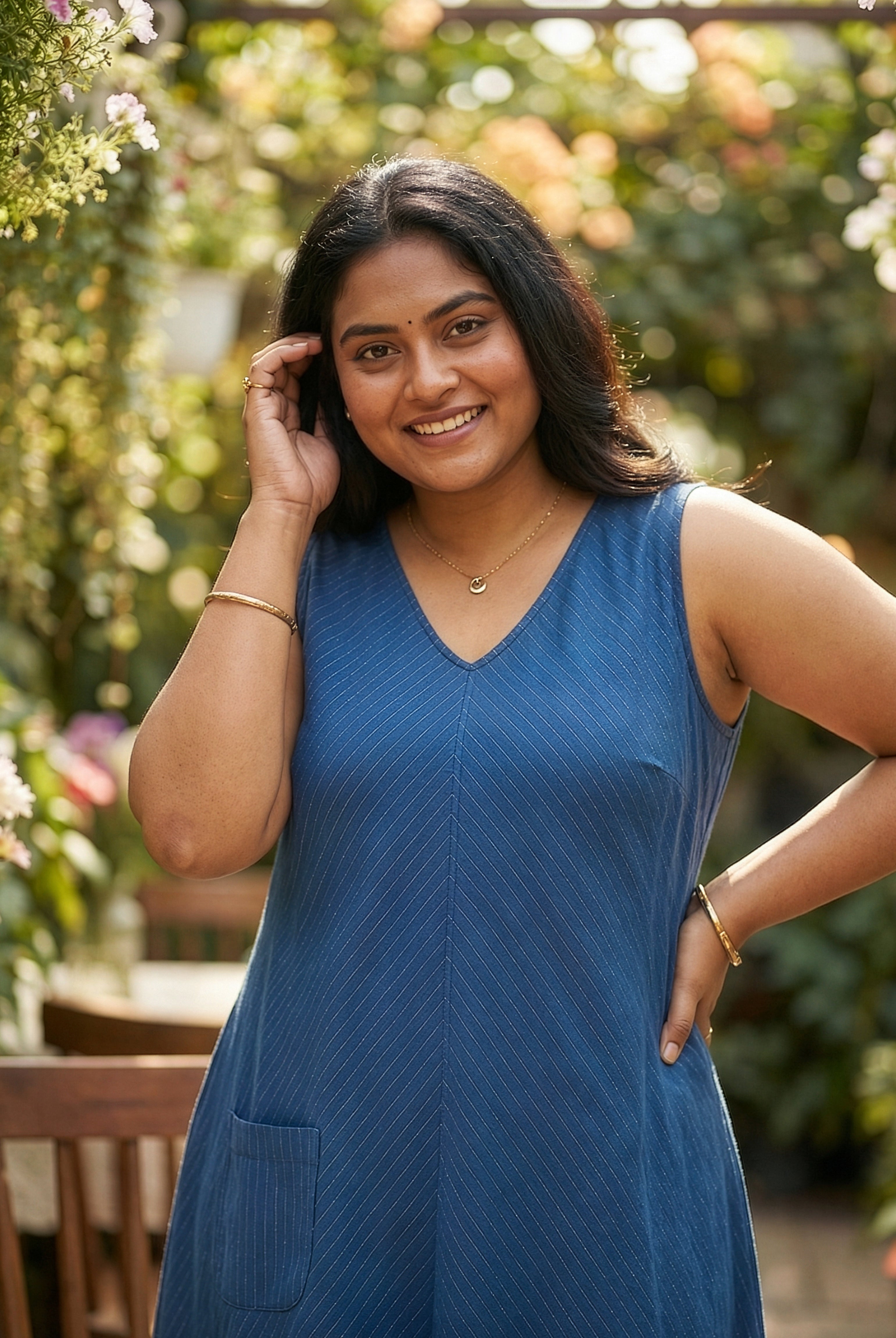 Plus Size Blue Cotton Lurex Maxi Dress for Women – Sleeveless A-Line Dress