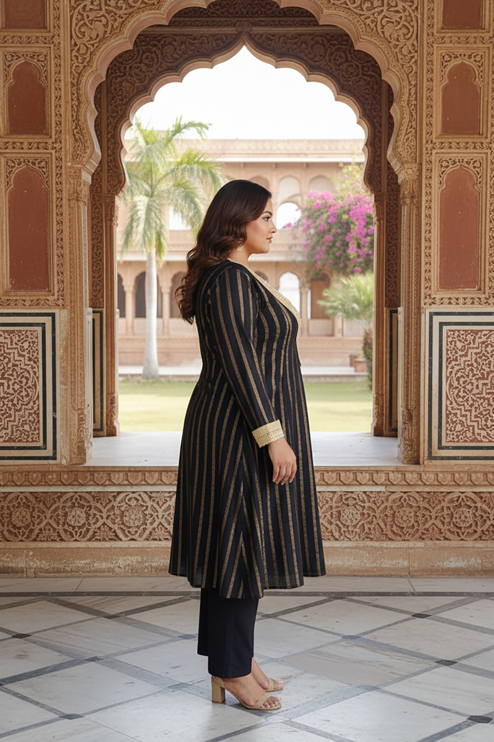 Plus Size Black Golden Ethnic Partywear Kurta & Pants Set for Women